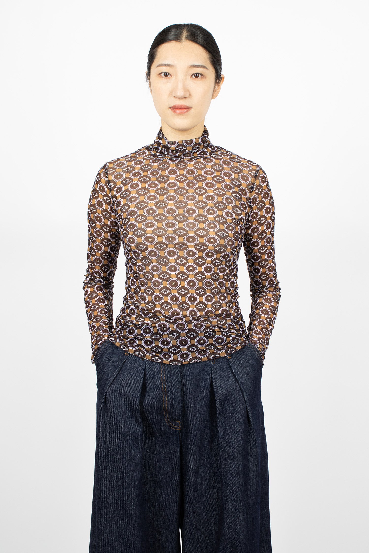 Printed Turtleneck Tee Brown