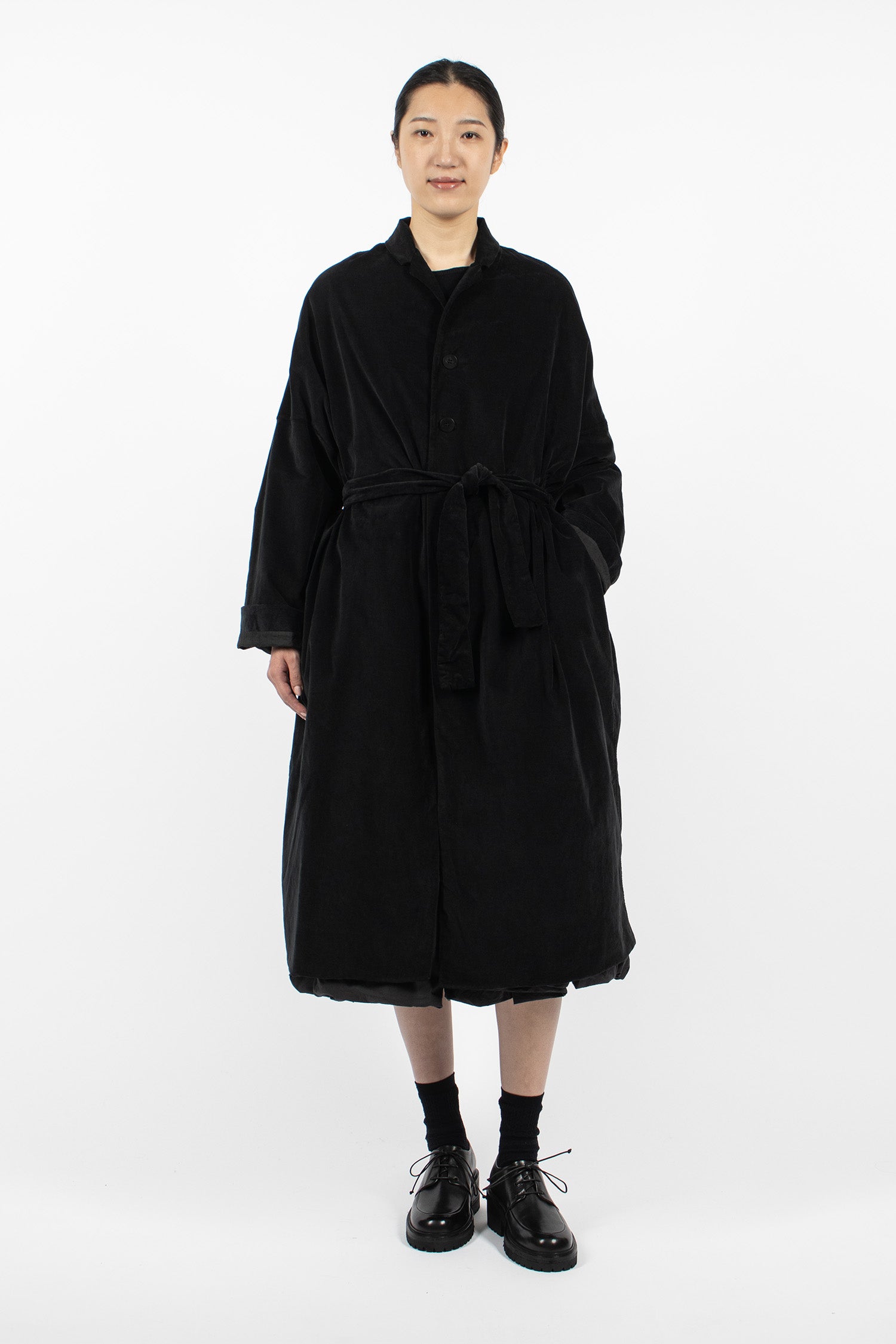 U4554 Belted Loose Coat V Black