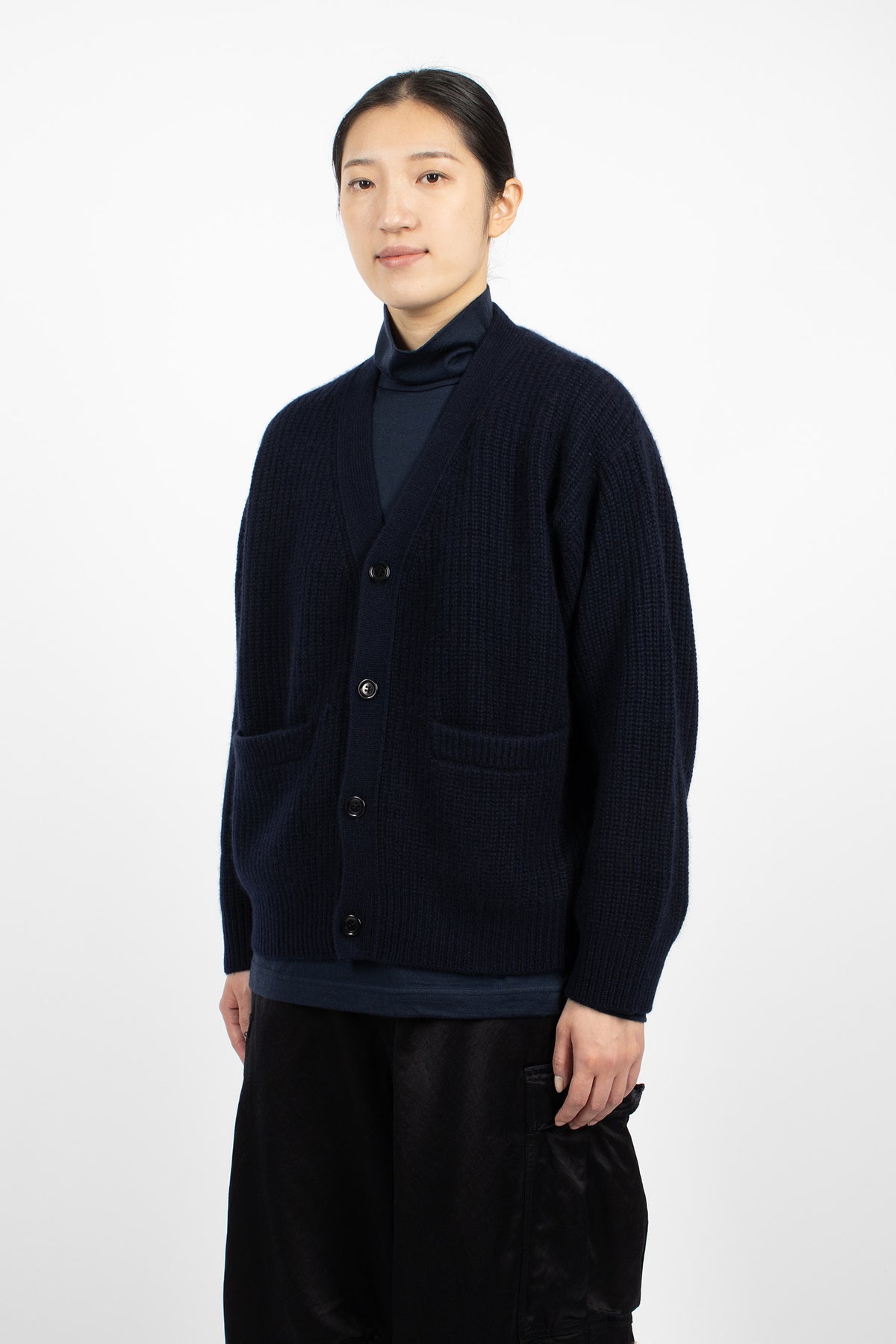 Rib Stitch V-Neck Cardigan Navy