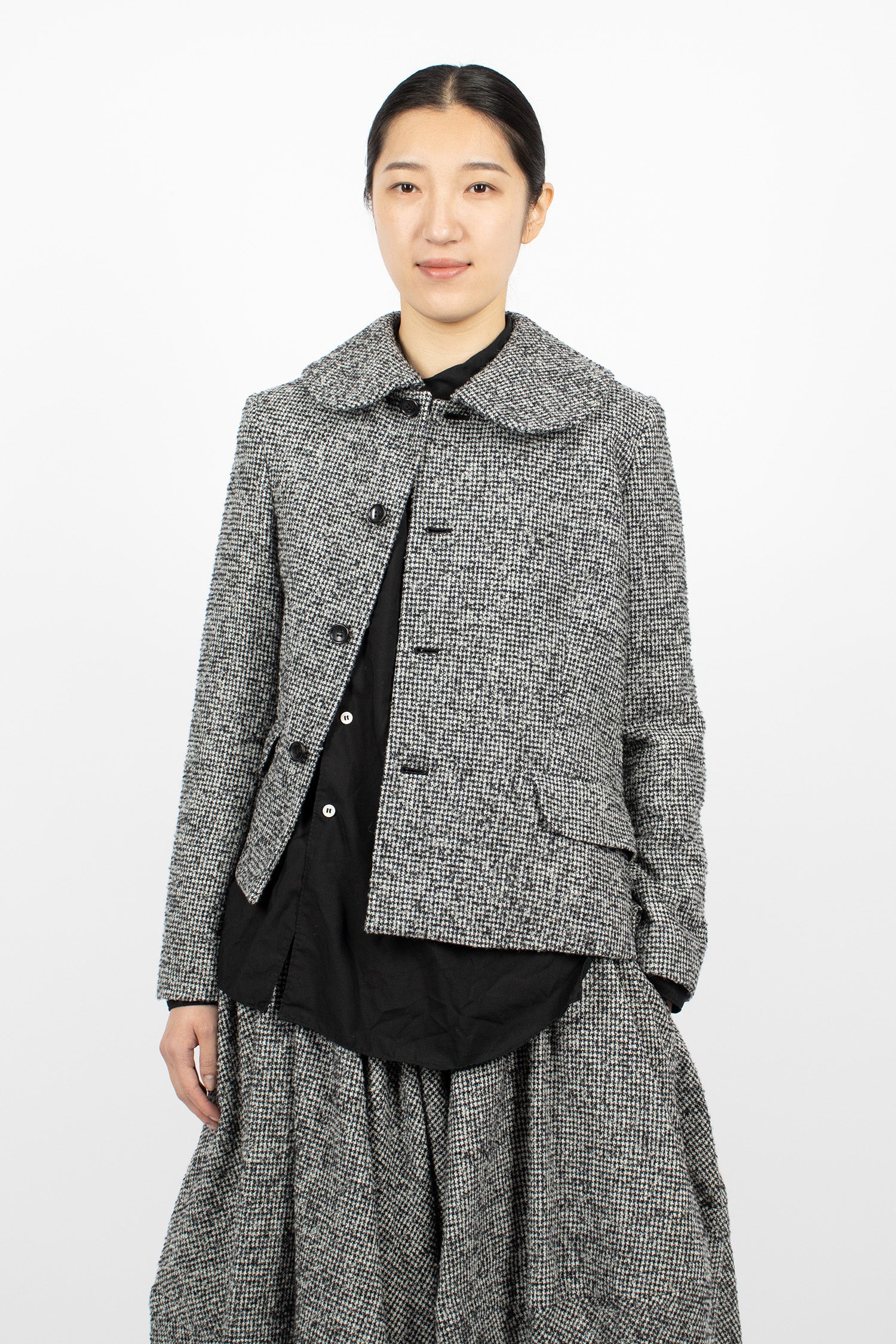 Asymmetric Wool Houndstooth Jacket Black/Ecru