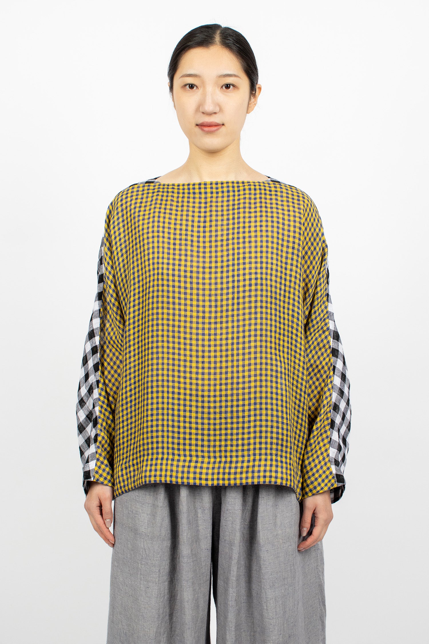 Two Tone Boatneck Blouse Check