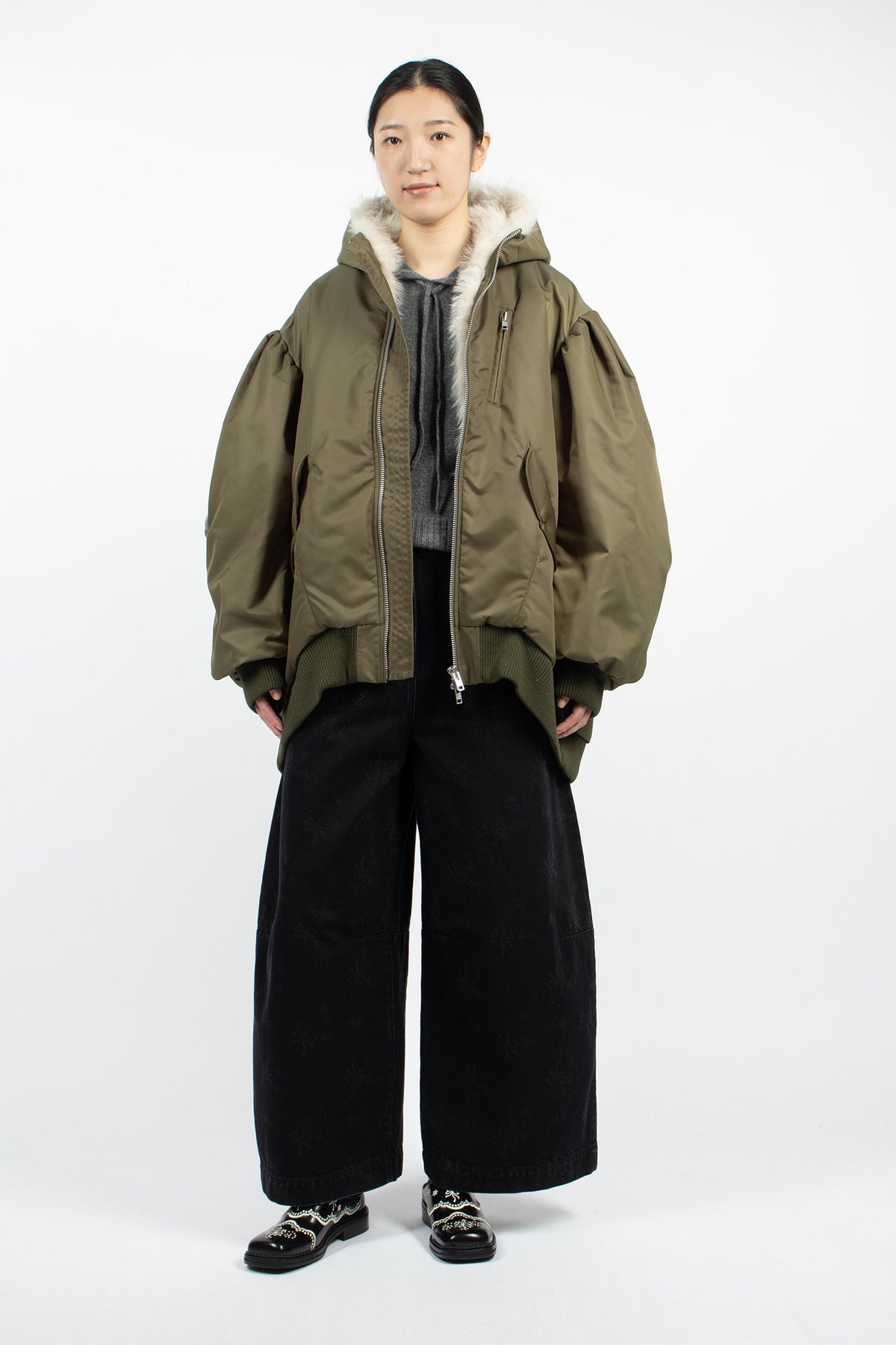 Oversized Split Faux Fur Hood Bomber Jacket Khaki/Blonde
