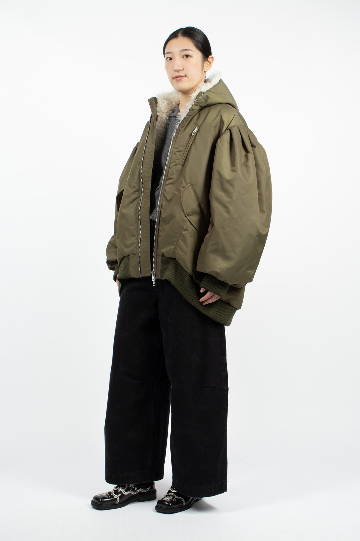Oversized Split Faux Fur Hood Bomber Jacket Khaki/Blonde