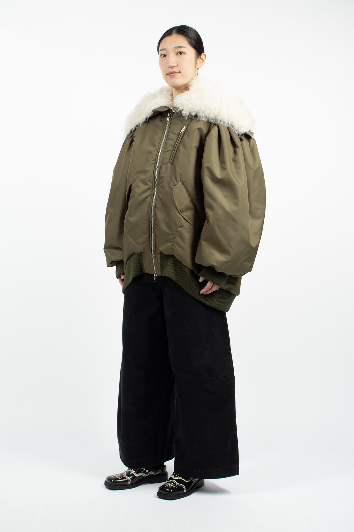 Oversized Split Faux Fur Hood Bomber Jacket Khaki/Blonde