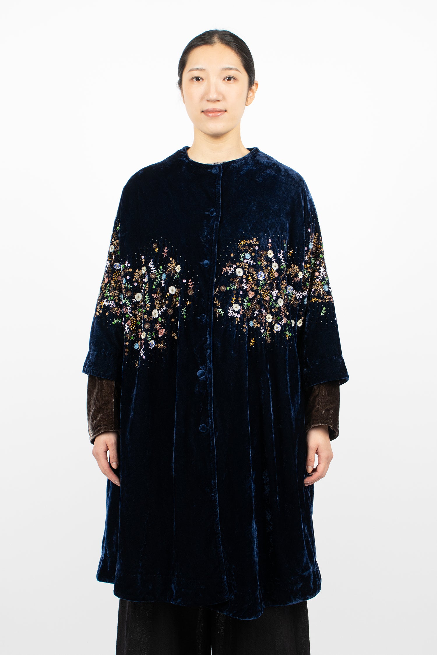 Garden Embroidery Loose Coat Tanzanite Velvet
