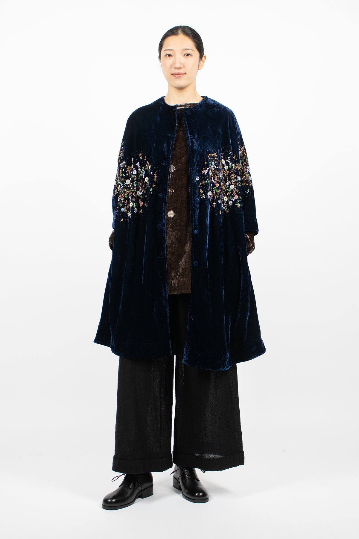 Garden Embroidery Loose Coat Tanzanite Velvet