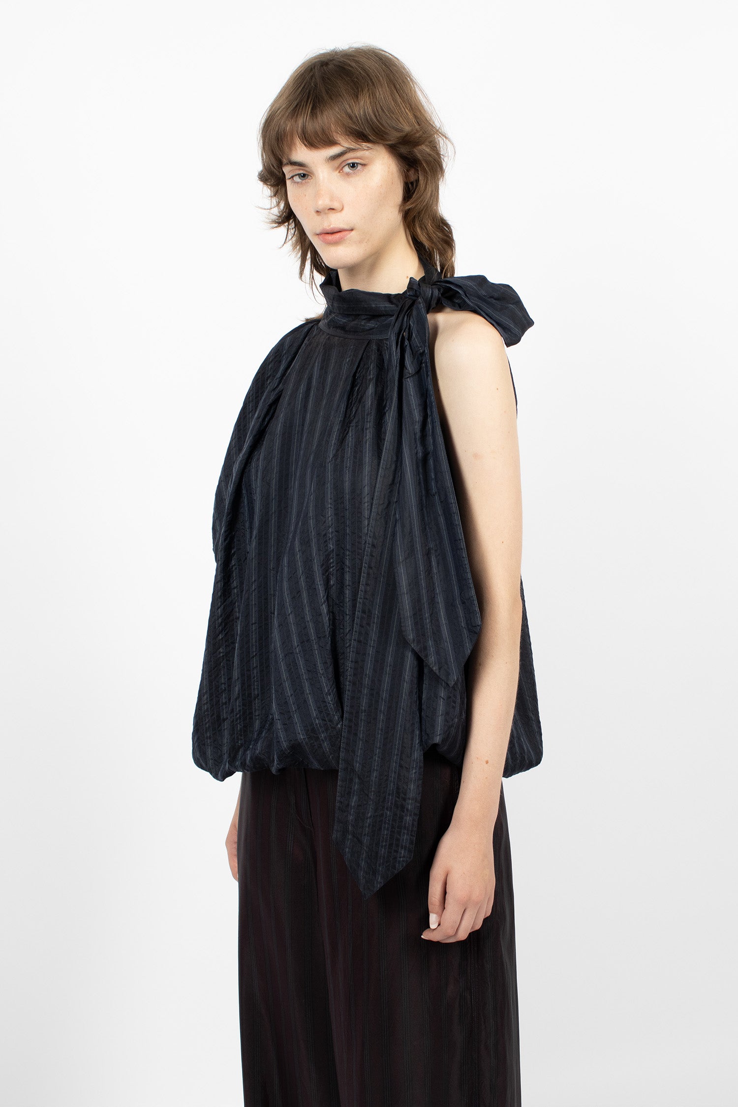 Asymmetrical Pleated Blouse Navy