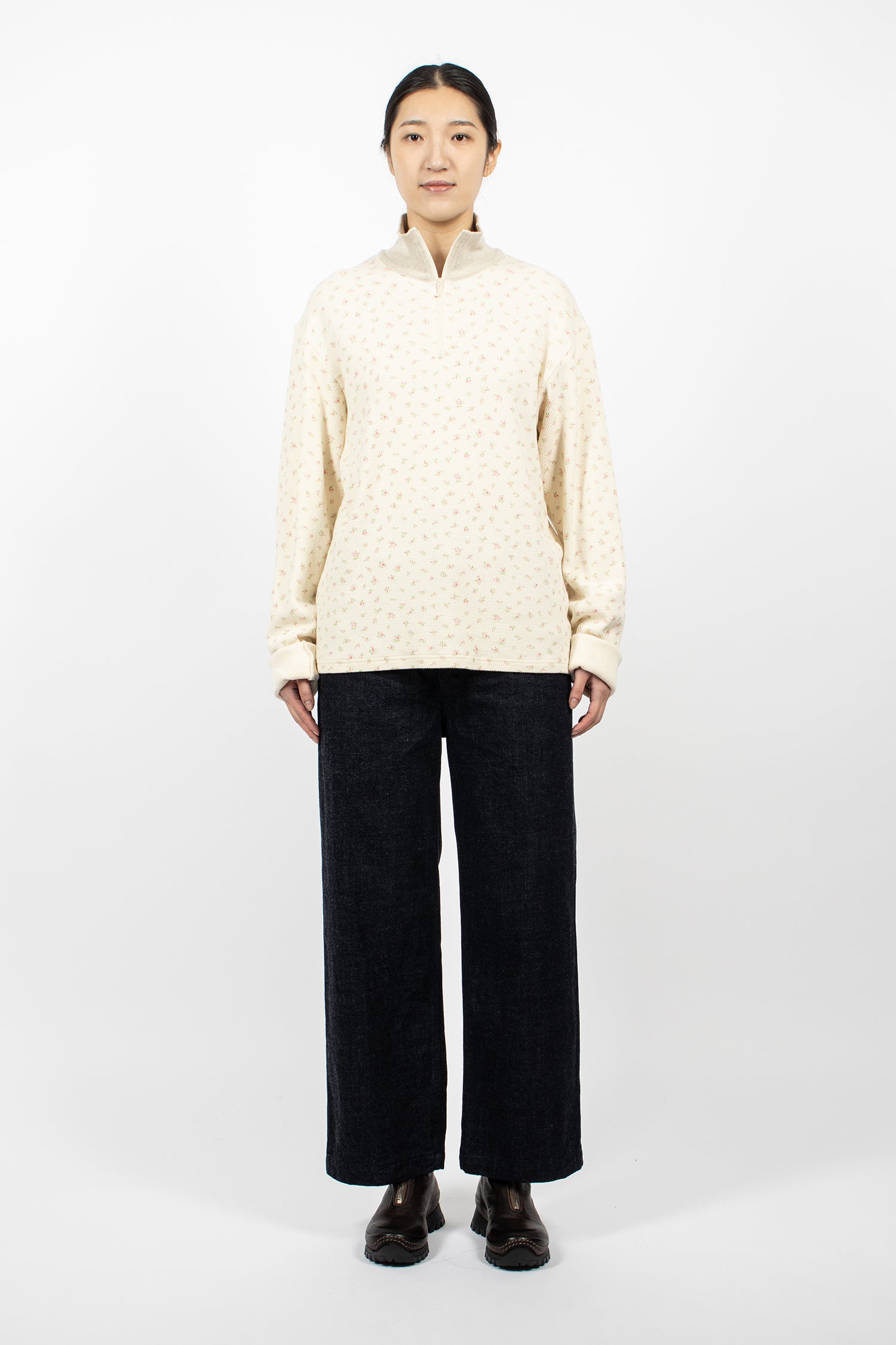 Waffle Callico Print Half Zip Jumper Pink