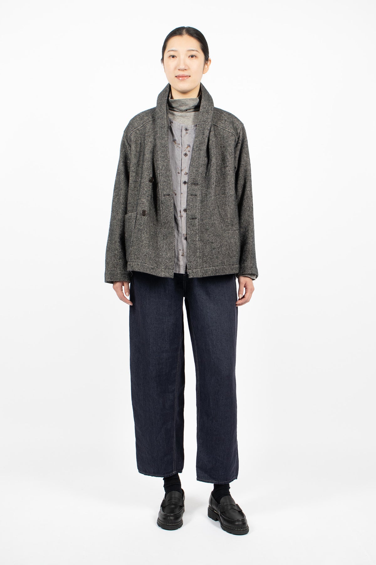 Shawl Collar Wool Linen Asymmetric Jacket Charcoal