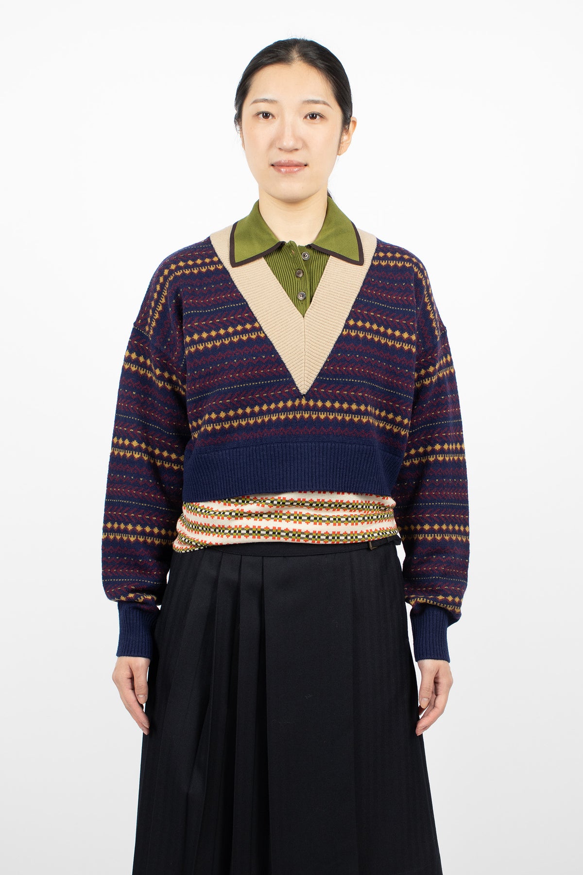 Boxy Layered Wool Sweater Navy