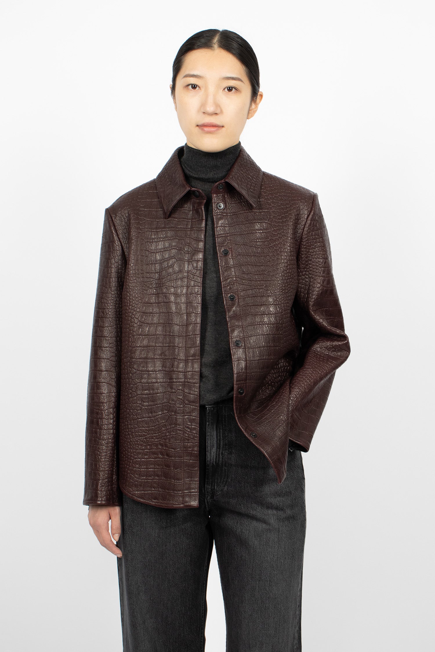 Leather Shirt Jacket Burgundy