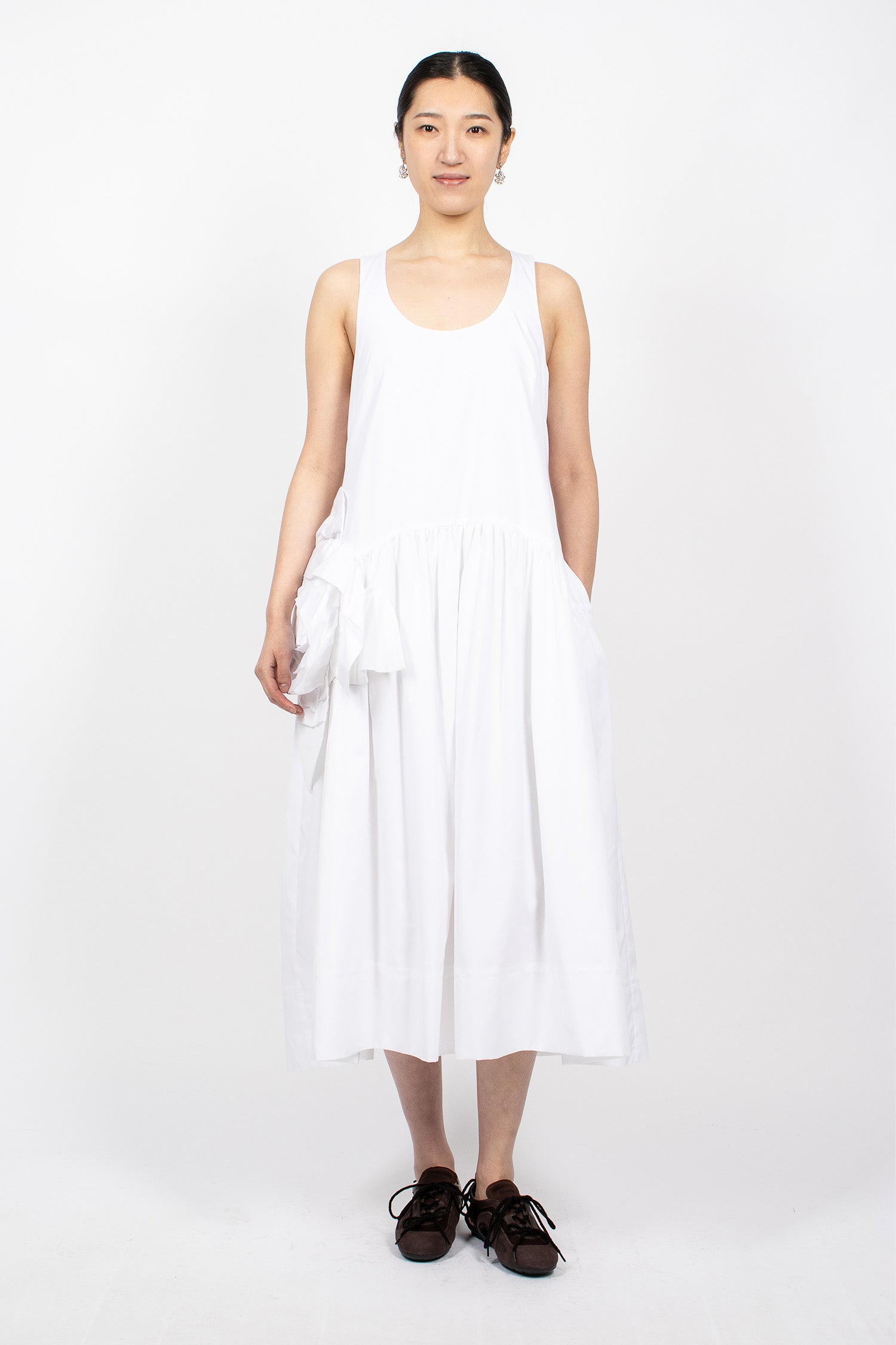Pressed Rosette Tapered Back Flounce Dress White