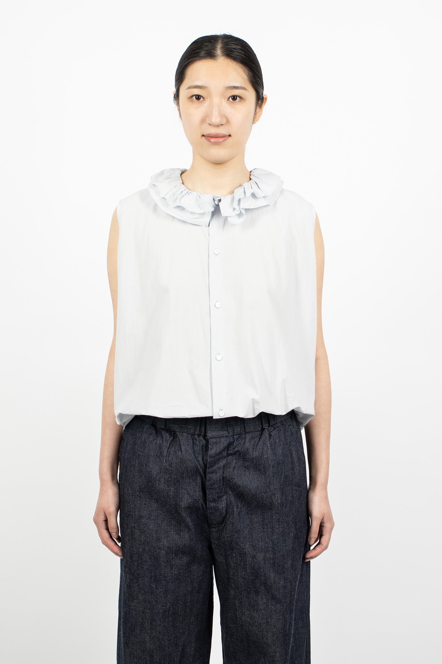 Ruffle Collar Sleeveless Shirt Smoke Sax Blue