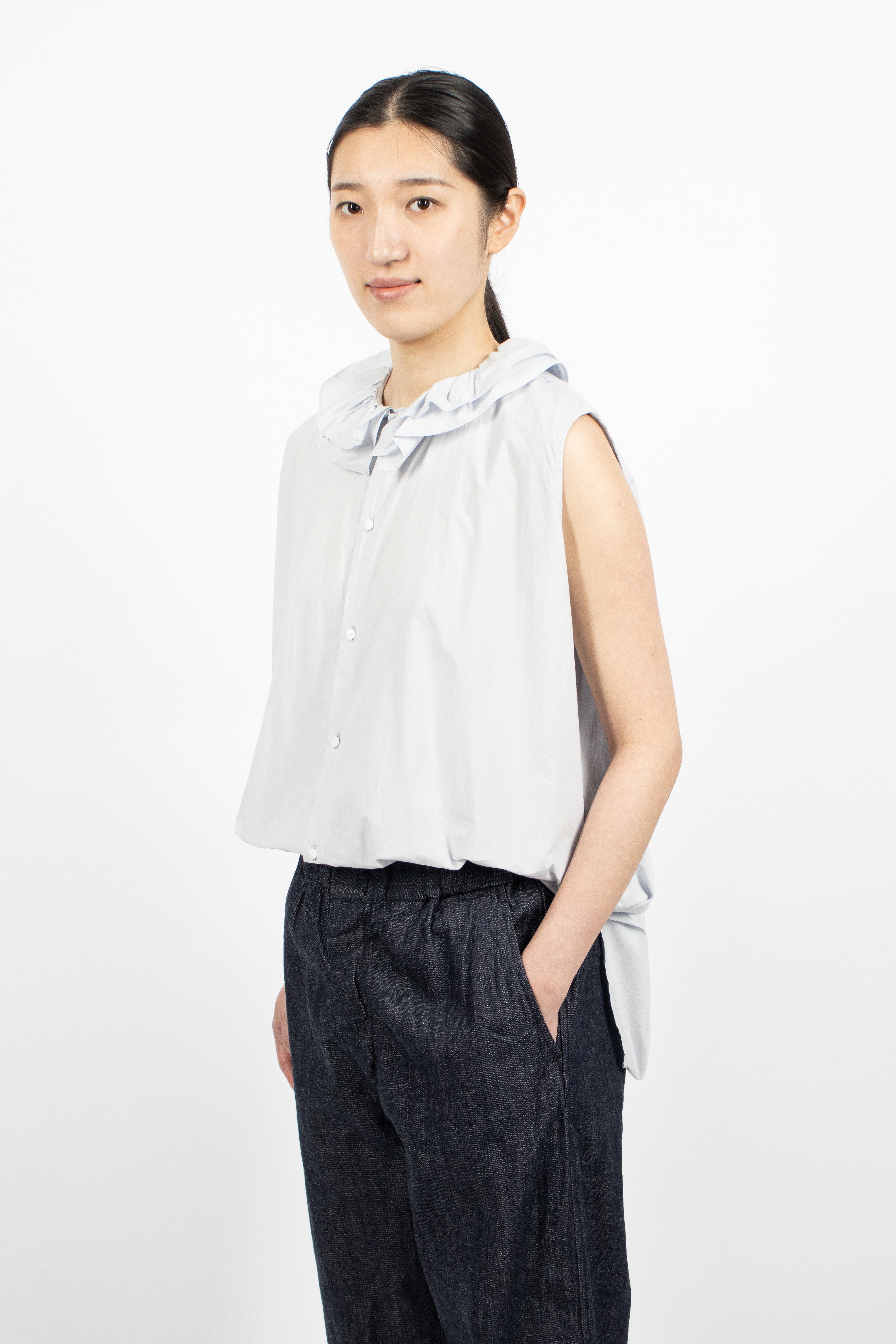 Ruffle Collar Sleeveless Shirt Smoke Sax Blue