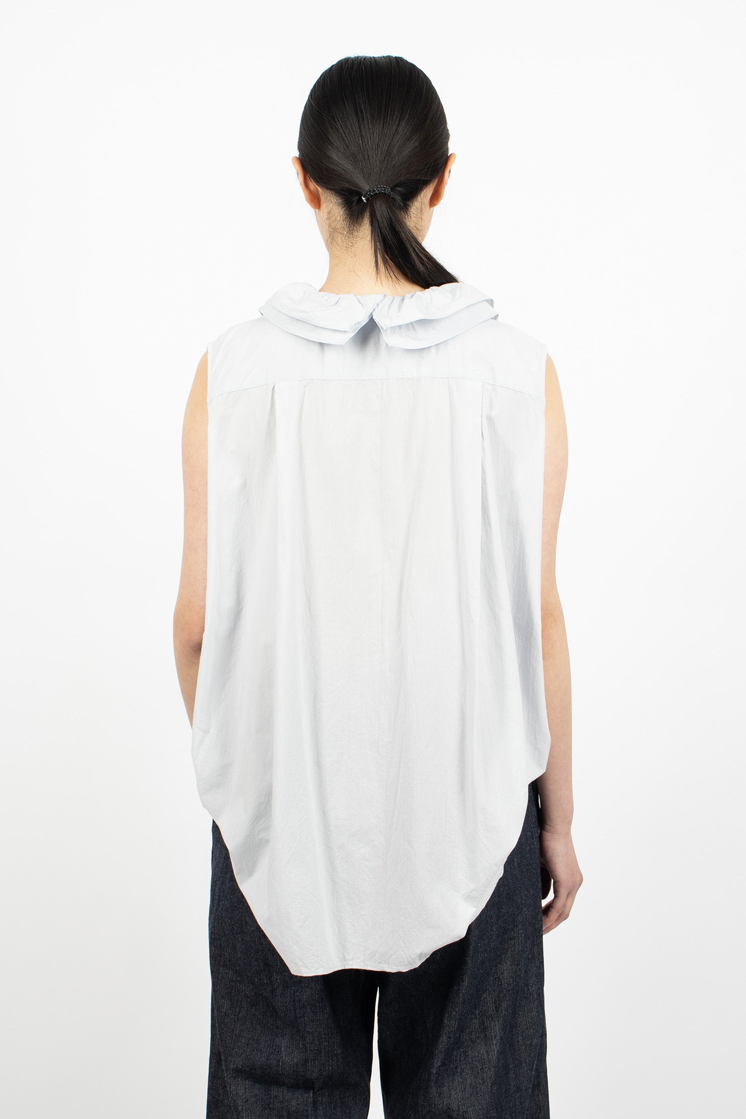 Ruffle Collar Sleeveless Shirt Smoke Sax Blue