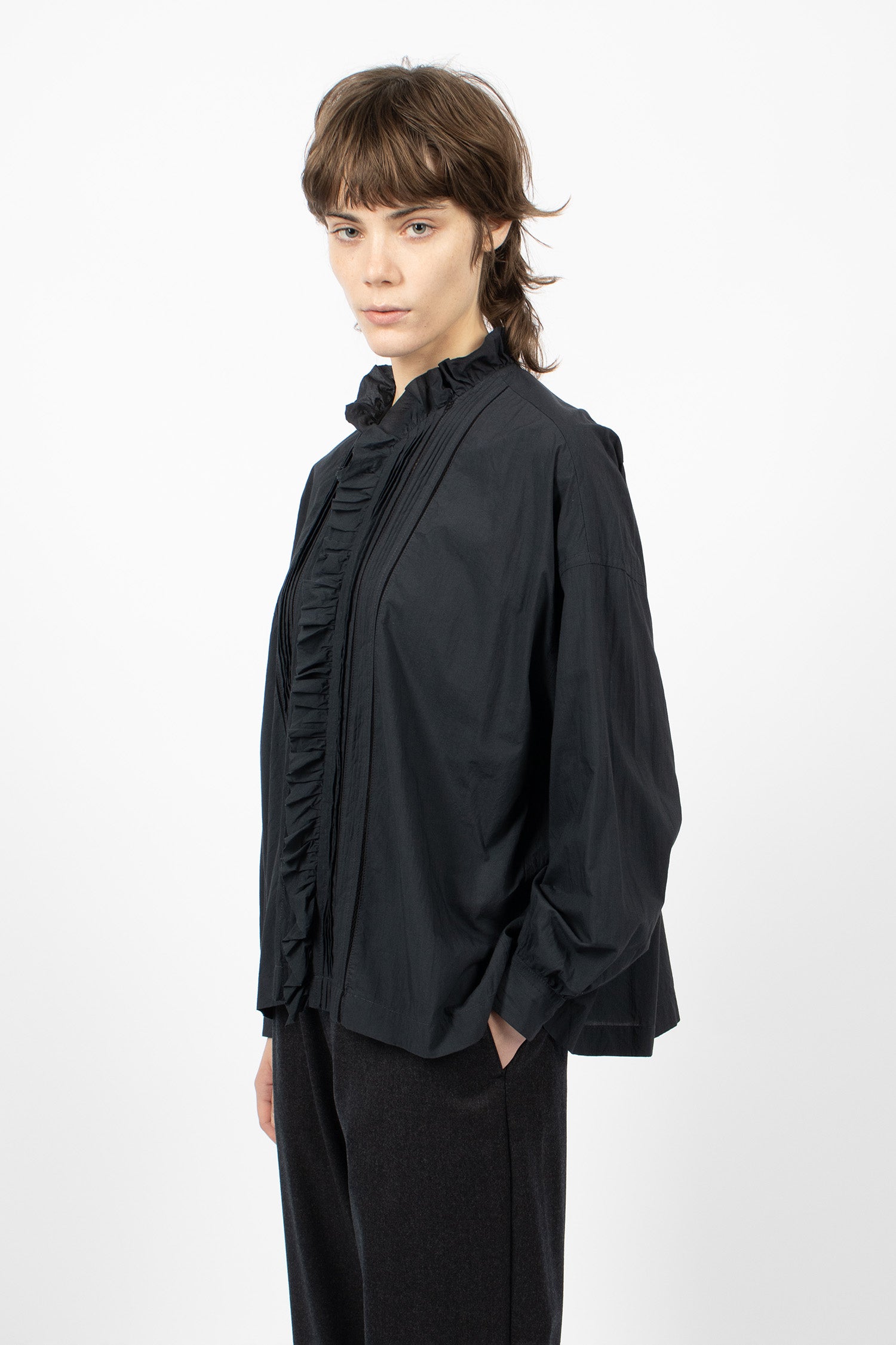 Lace Pin Tuck Ruffle Shirt Black Navy