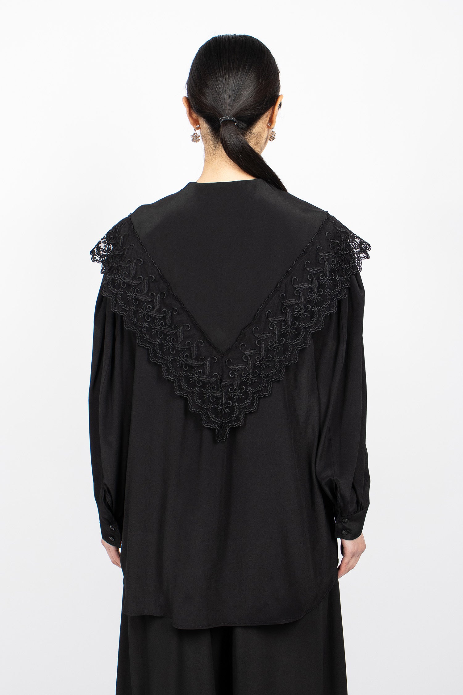 Pointed Collar Lace Trim Shirt Black