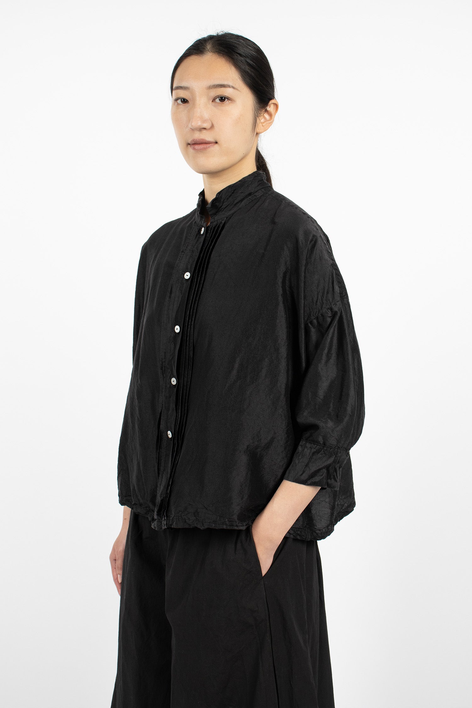 Long Square Silk Shirt Black