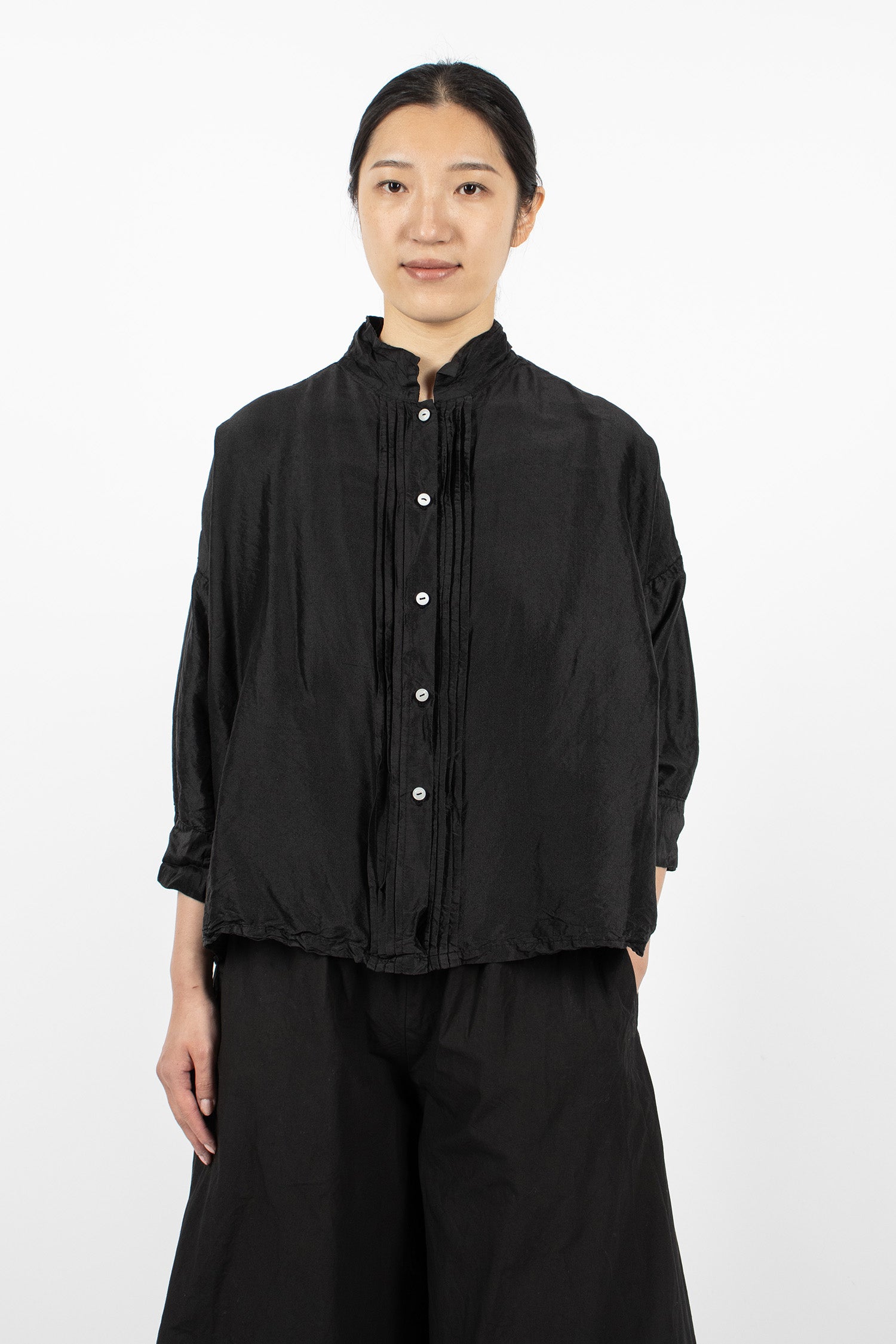 Long Square Silk Shirt Black