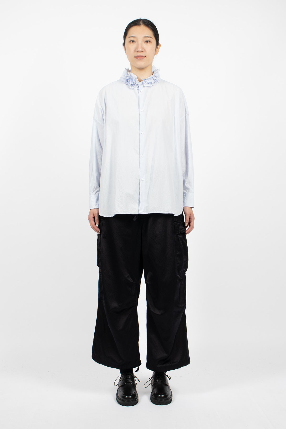 Neck Ruffle Shirt Sax Blue