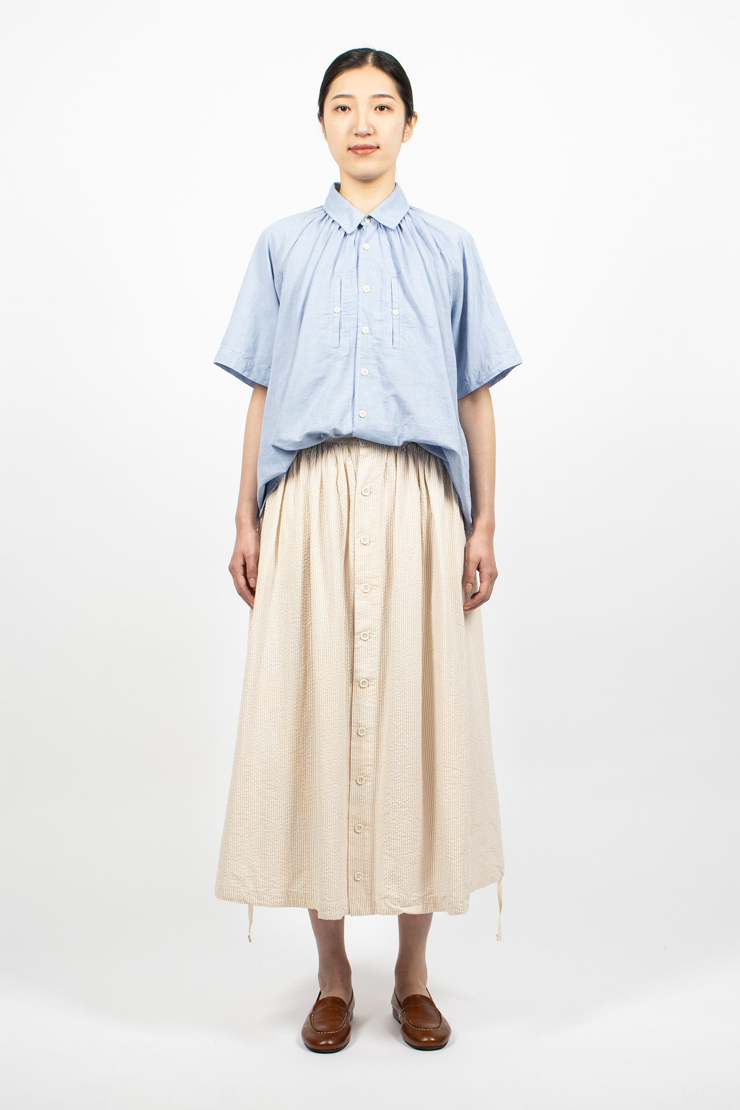 Gathered Seersucker Skirt Beige Stripe