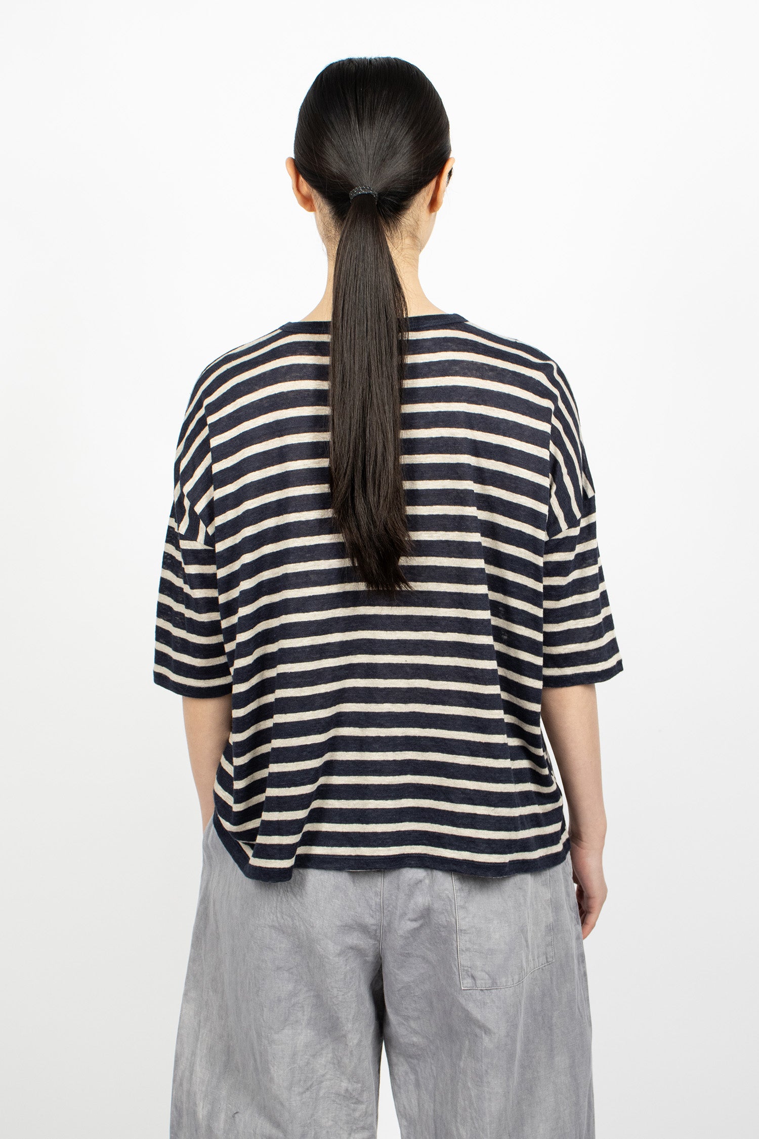 Linen Plainstitch Border Stripe T-Shirt Navy