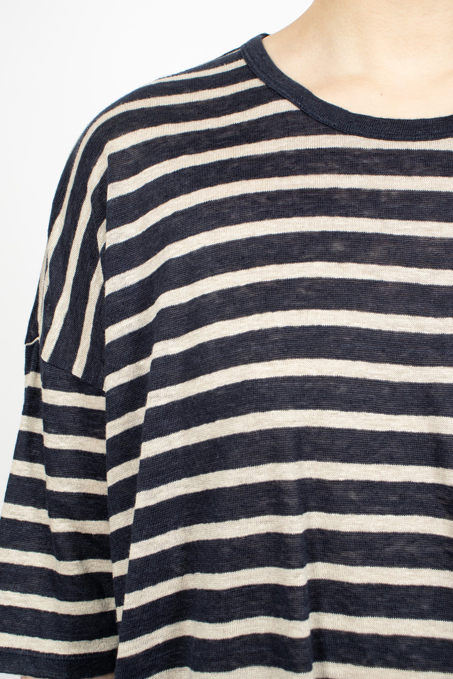 Linen Plainstitch Border Stripe T-Shirt Navy