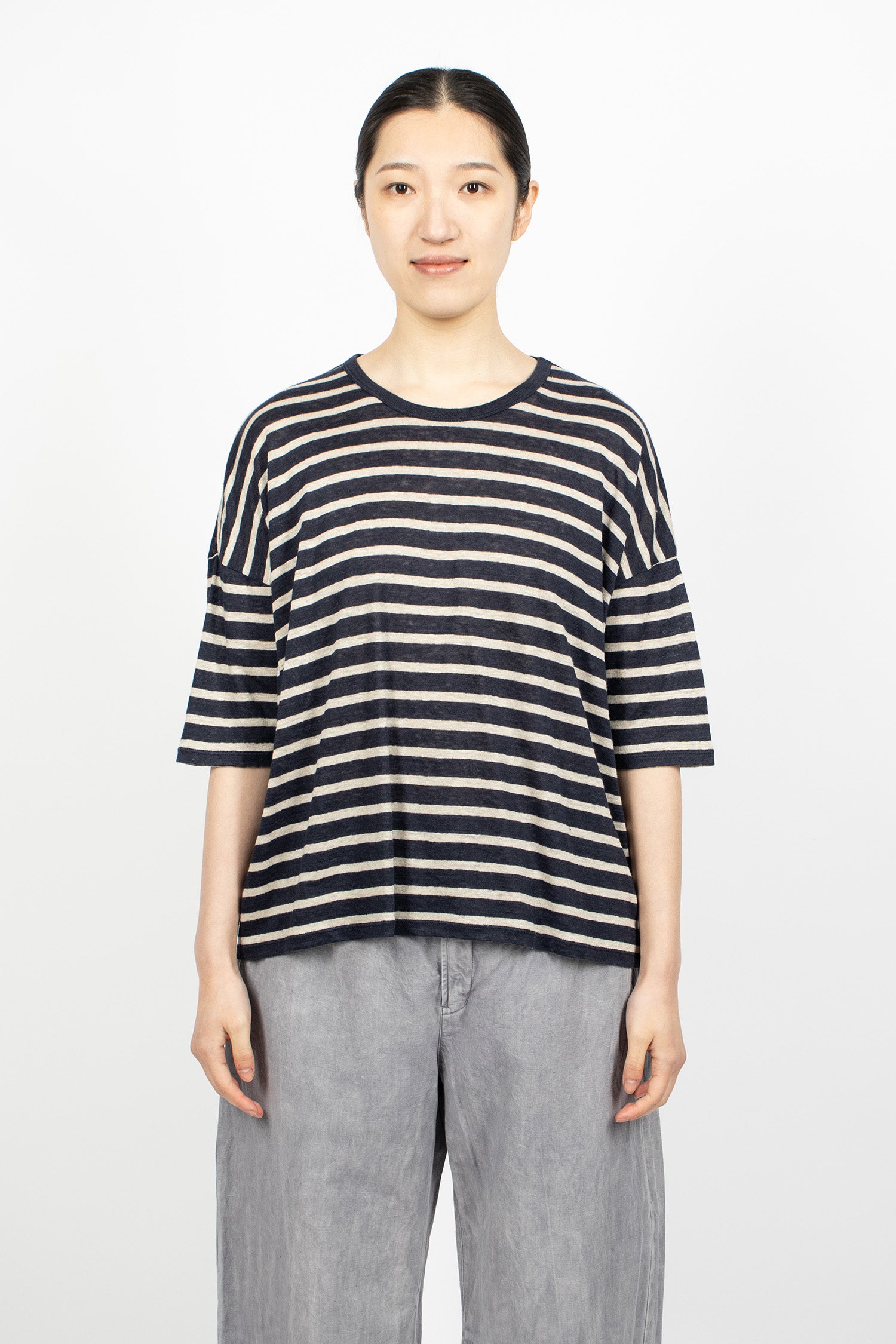 Linen Plainstitch Border Stripe T-Shirt Navy