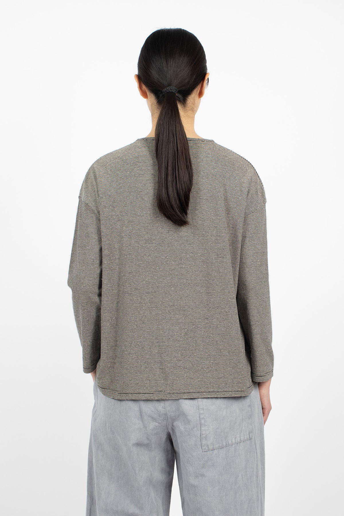 Cotton Hemp Plainstitch L/S T-Shirt Black Stripe