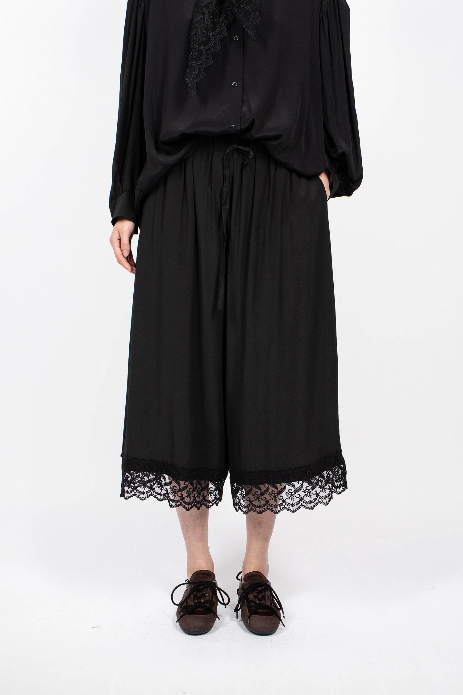Cropped Lace Trim Negligee Trousers Black