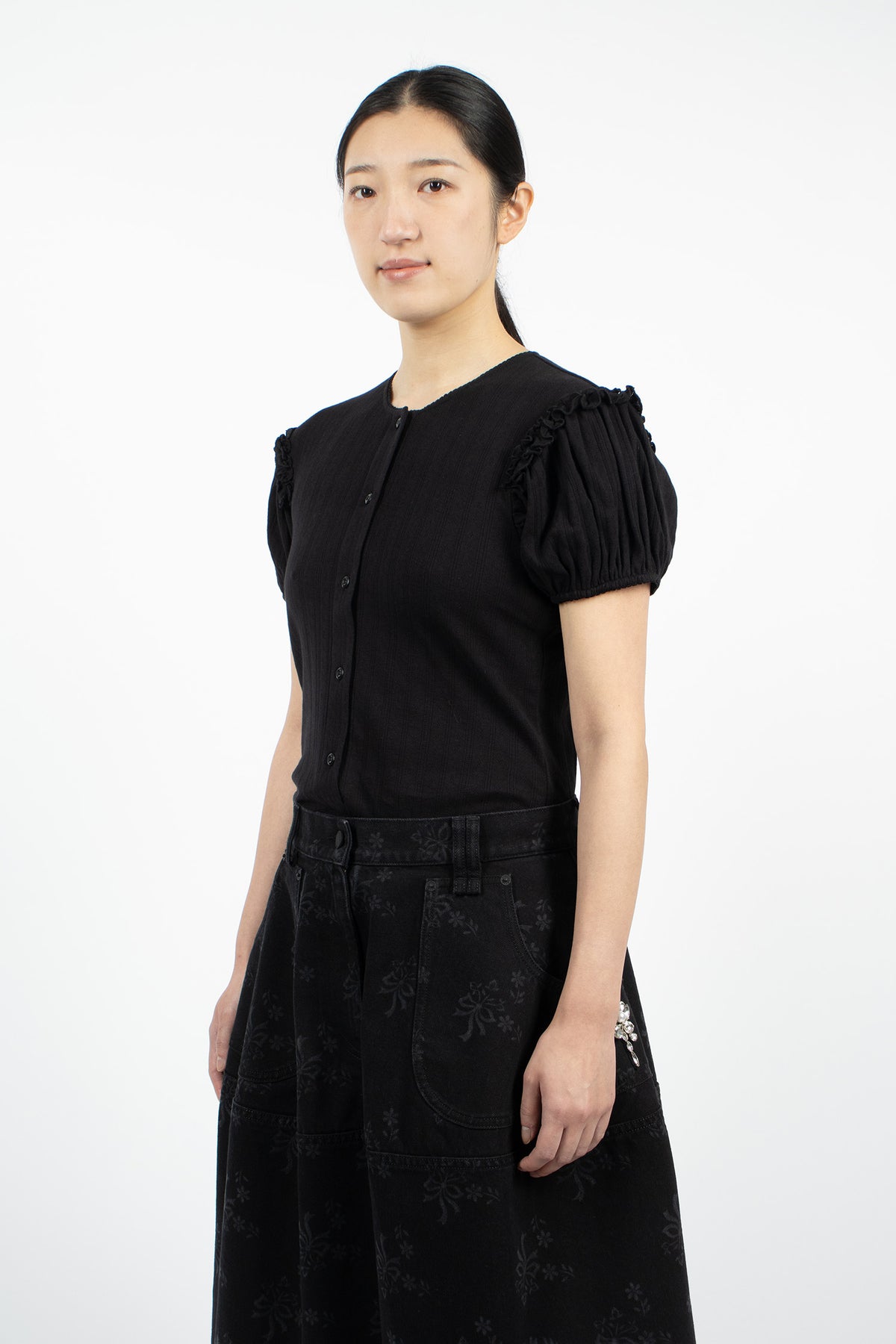 Pointelle Puff Sleeve Cardigan Black/Pearl