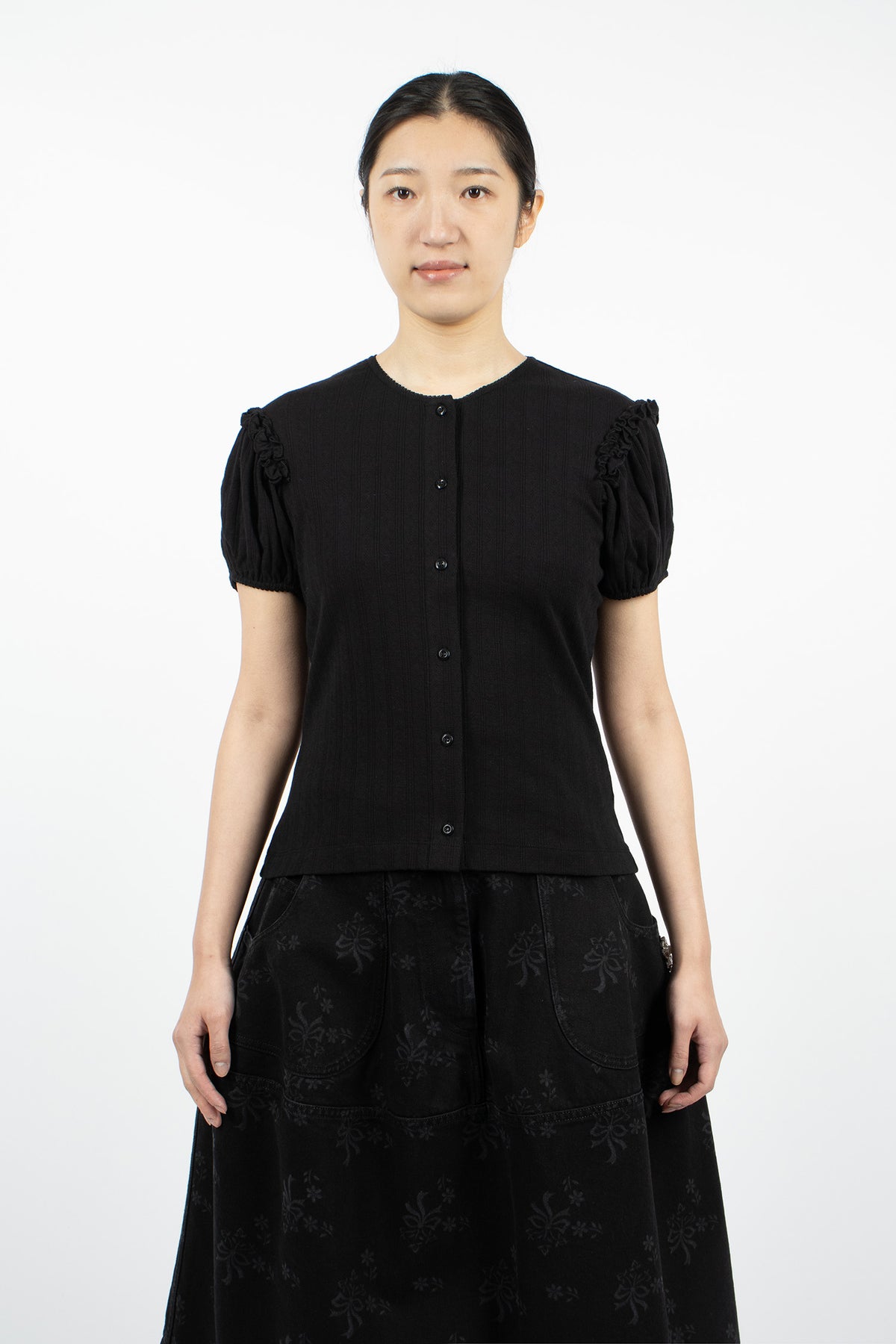 Pointelle Puff Sleeve Cardigan Black/Pearl
