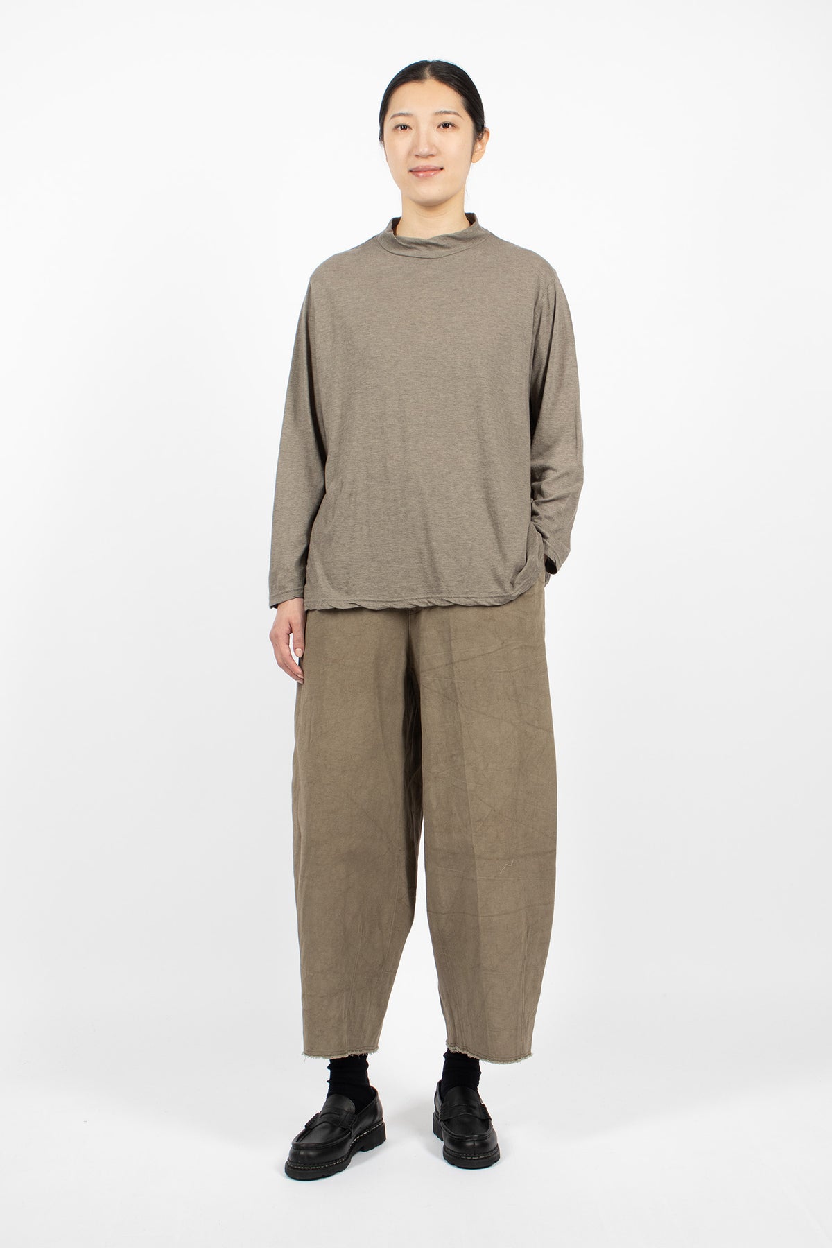 Cotton Silk Plainstitch Mock Neck Pullover Grey-Olive