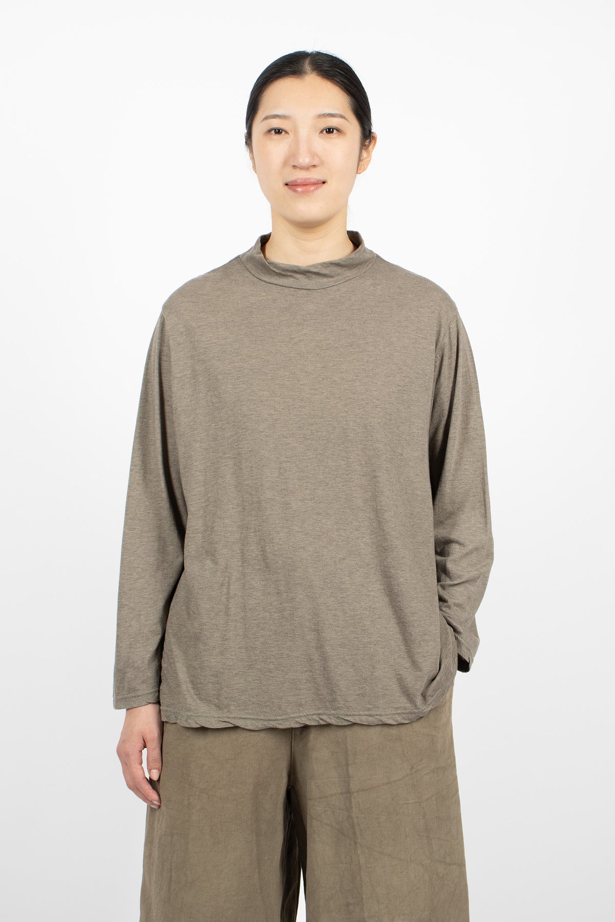 Cotton Silk Plainstitch Mock Neck Pullover Grey-Olive