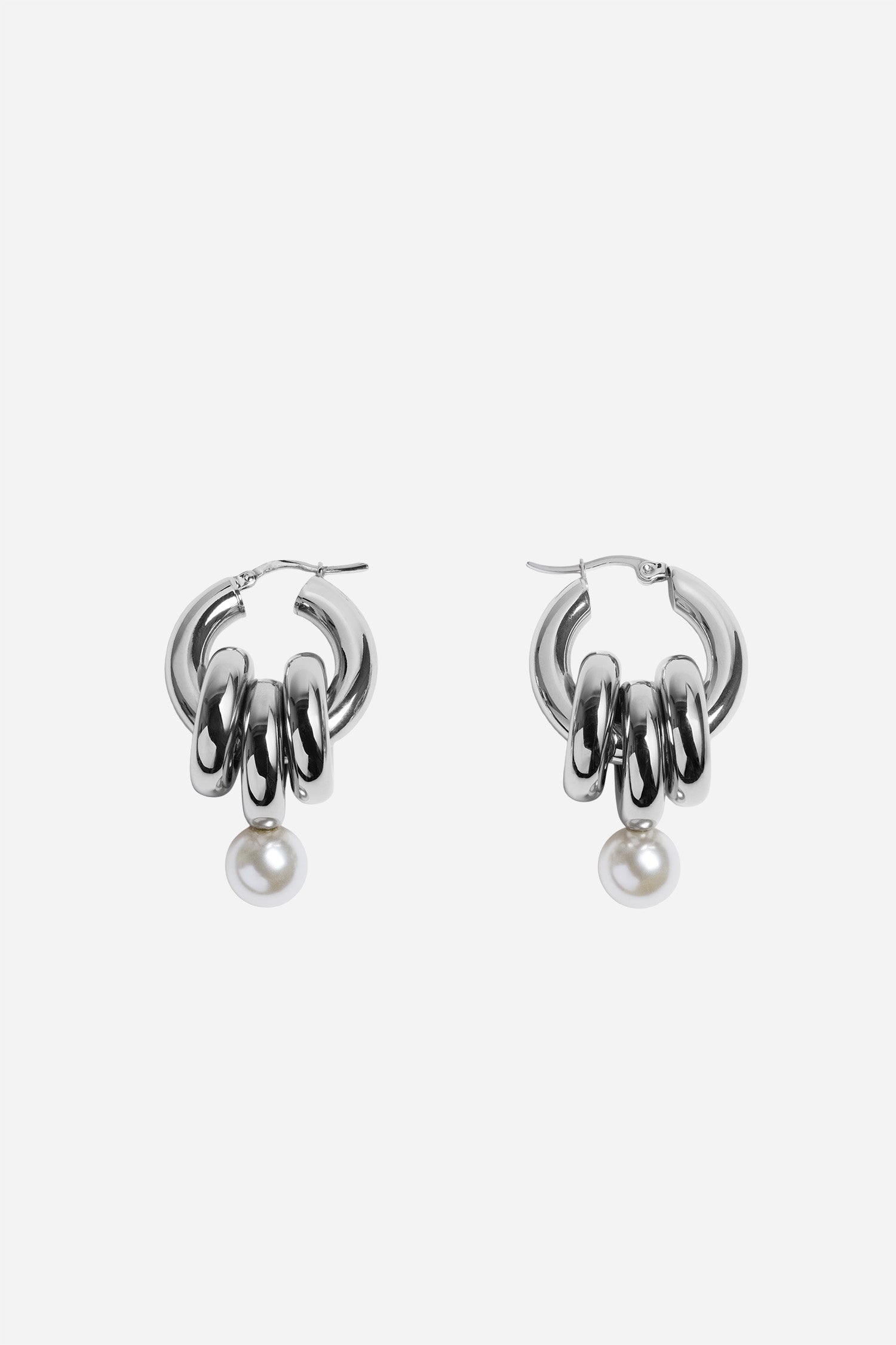 Stacked Link Pearl Hoop Earrings Palladium/Pearl