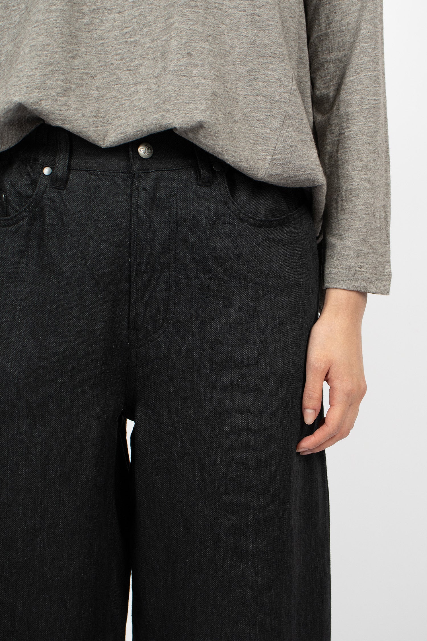 Linen Denim Tapered Pants Black
