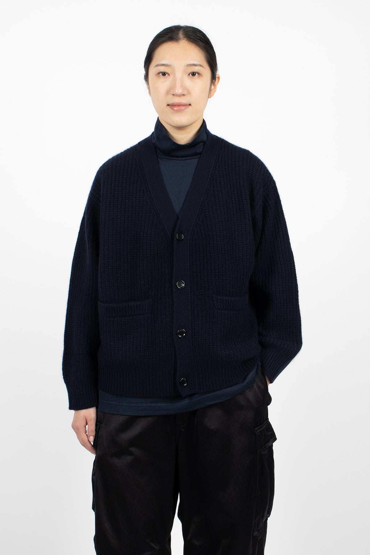 Rib Stitch V-Neck Cardigan Navy