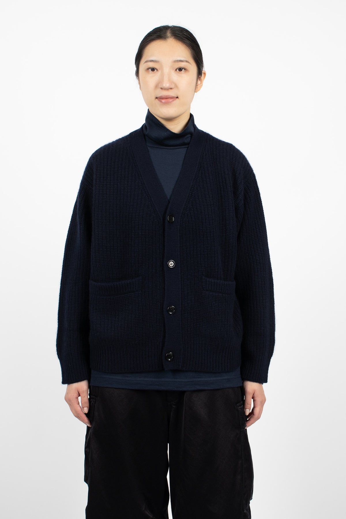 Rib Stitch V-Neck Cardigan Navy