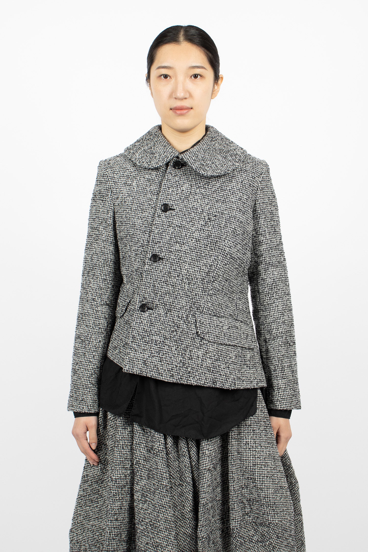 Asymmetric Wool Houndstooth Jacket Black/Ecru