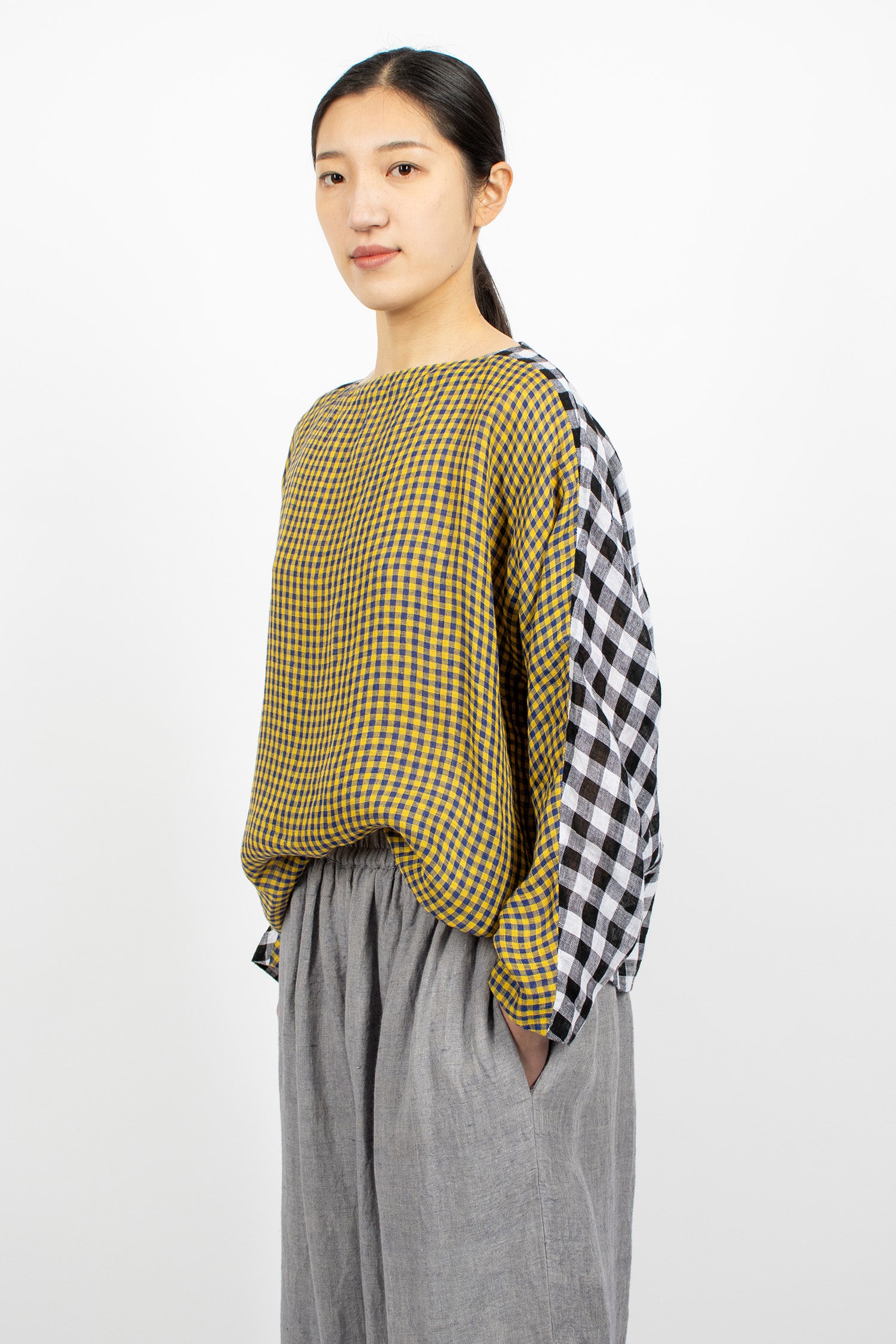 Two Tone Boatneck Blouse Check