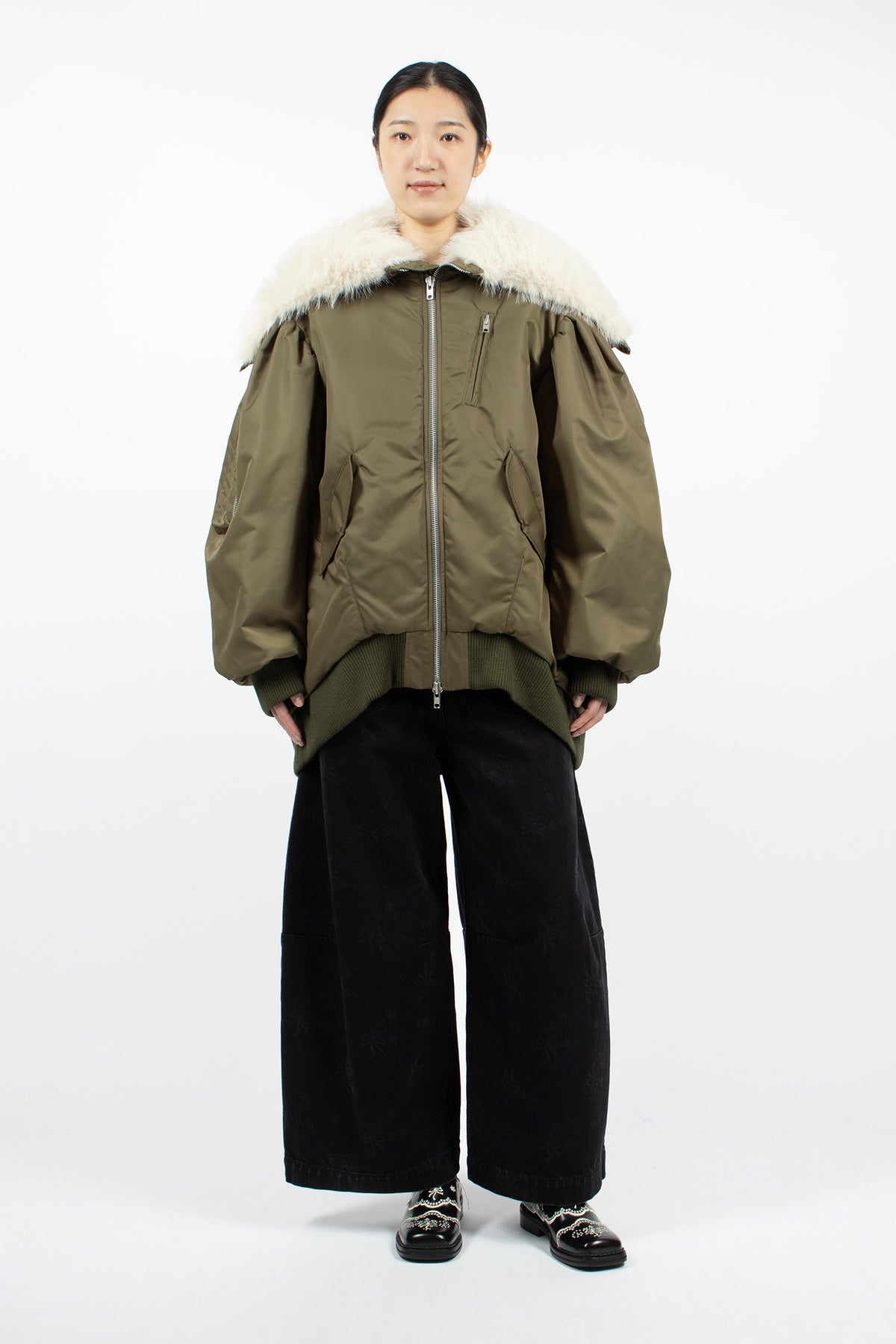 Oversized Split Faux Fur Hood Bomber Jacket Khaki/Blonde