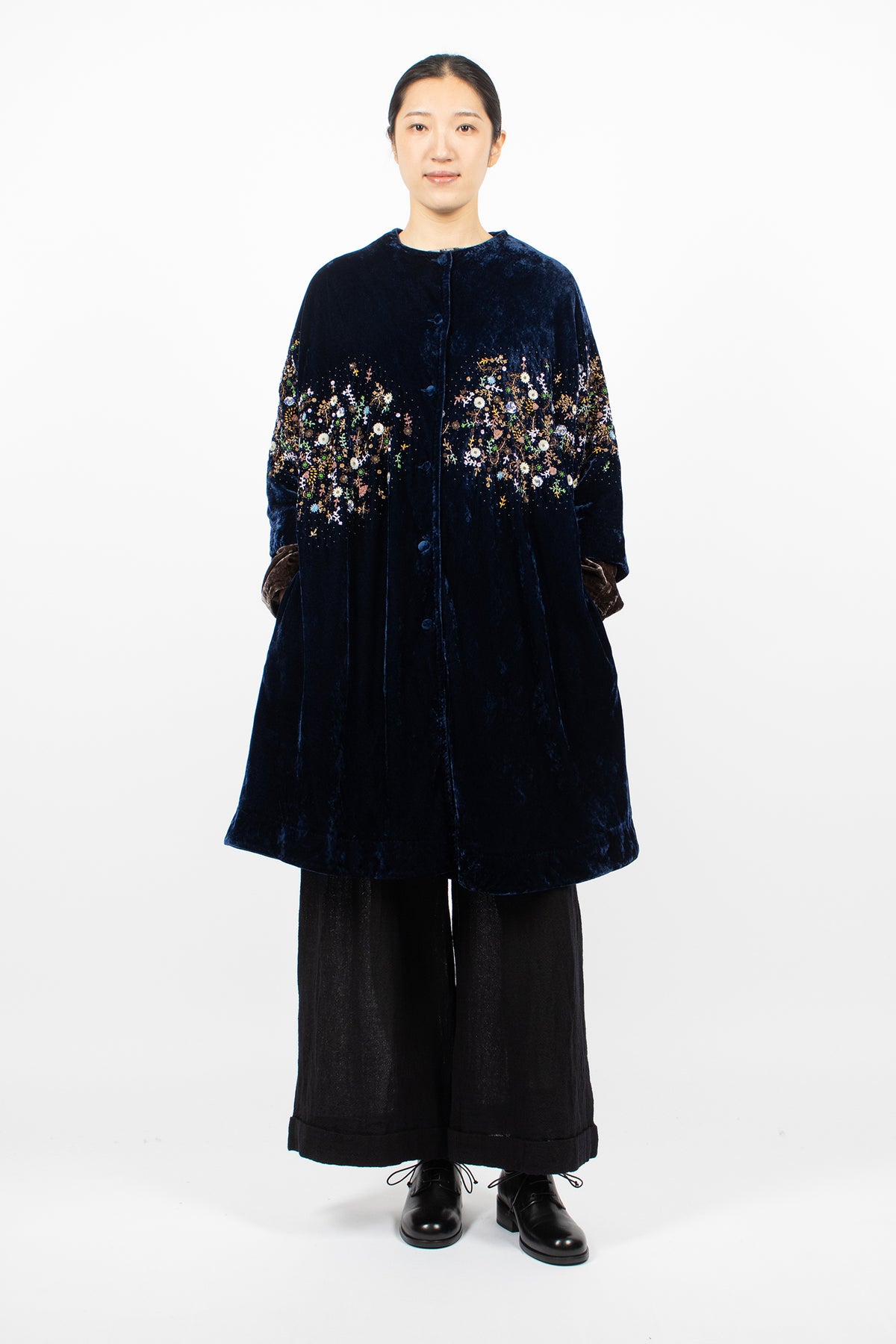 Garden Embroidery Loose Coat Tanzanite Velvet