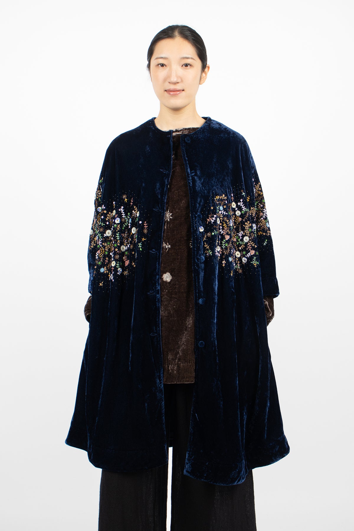 Garden Embroidery Loose Coat Tanzanite Velvet