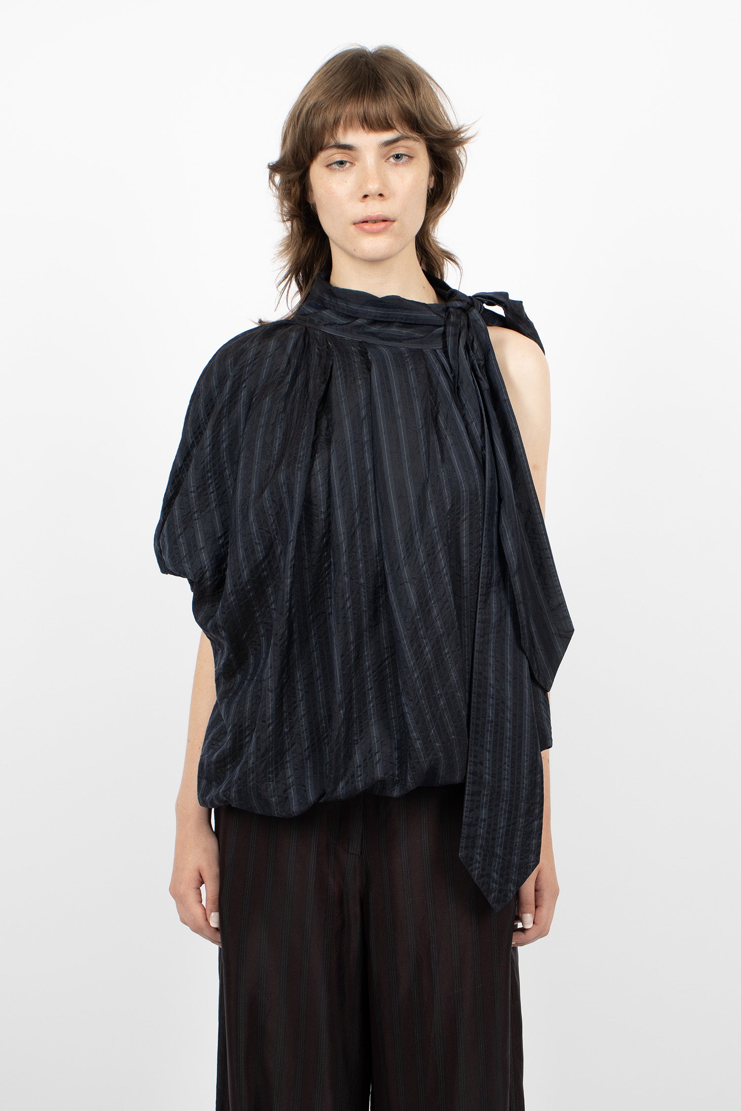 Asymmetrical Pleated Blouse Navy