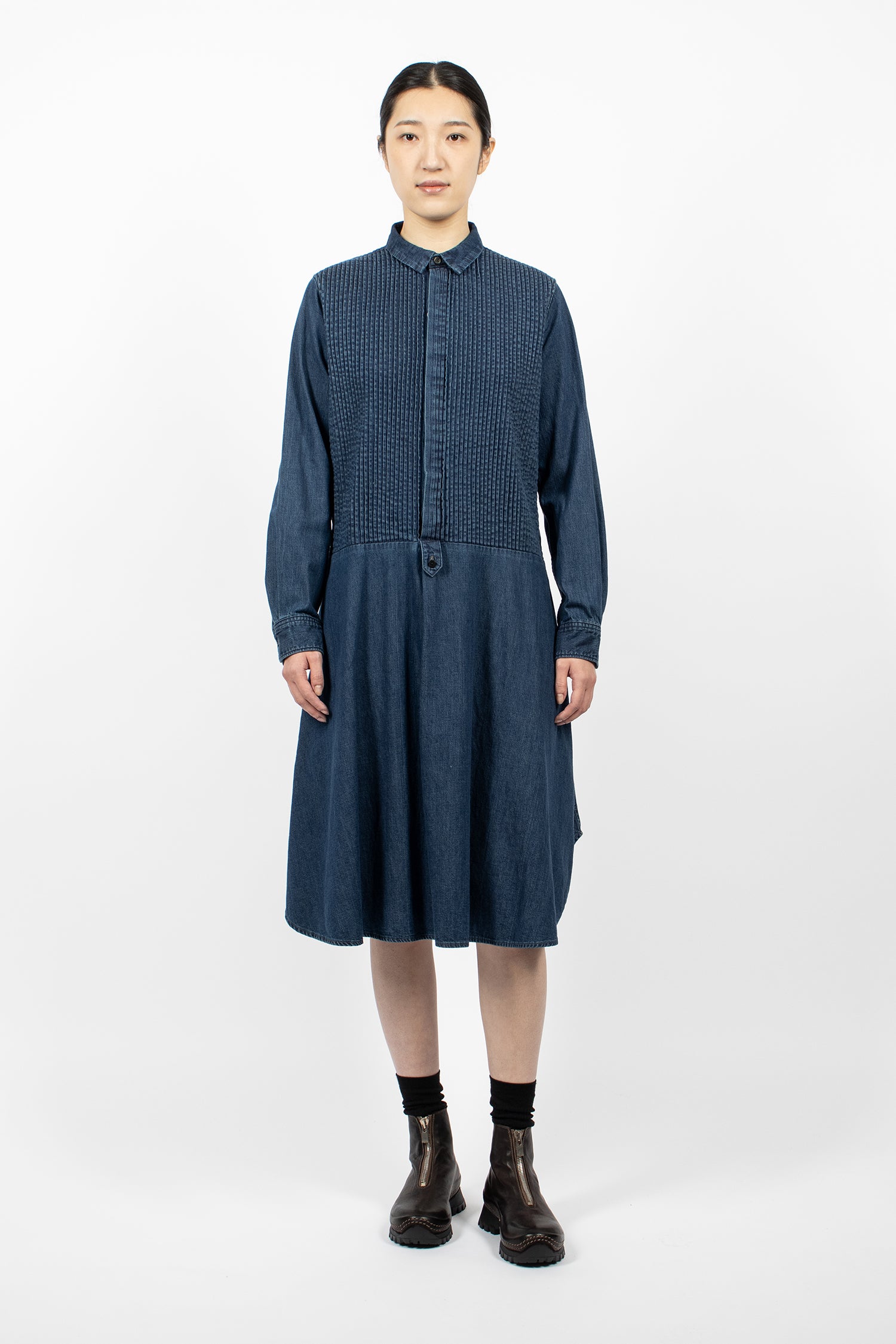 Pintuck Denim Shirt Dress Indigo