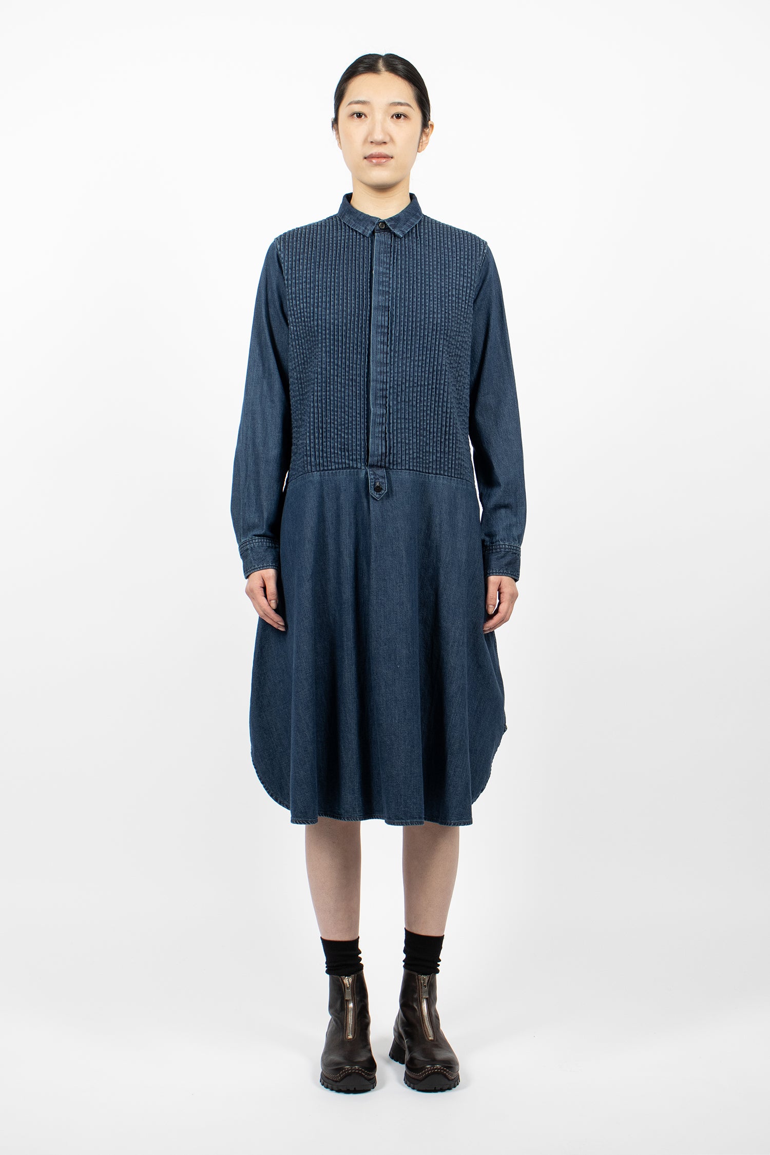 Pintuck Denim Shirt Dress Indigo