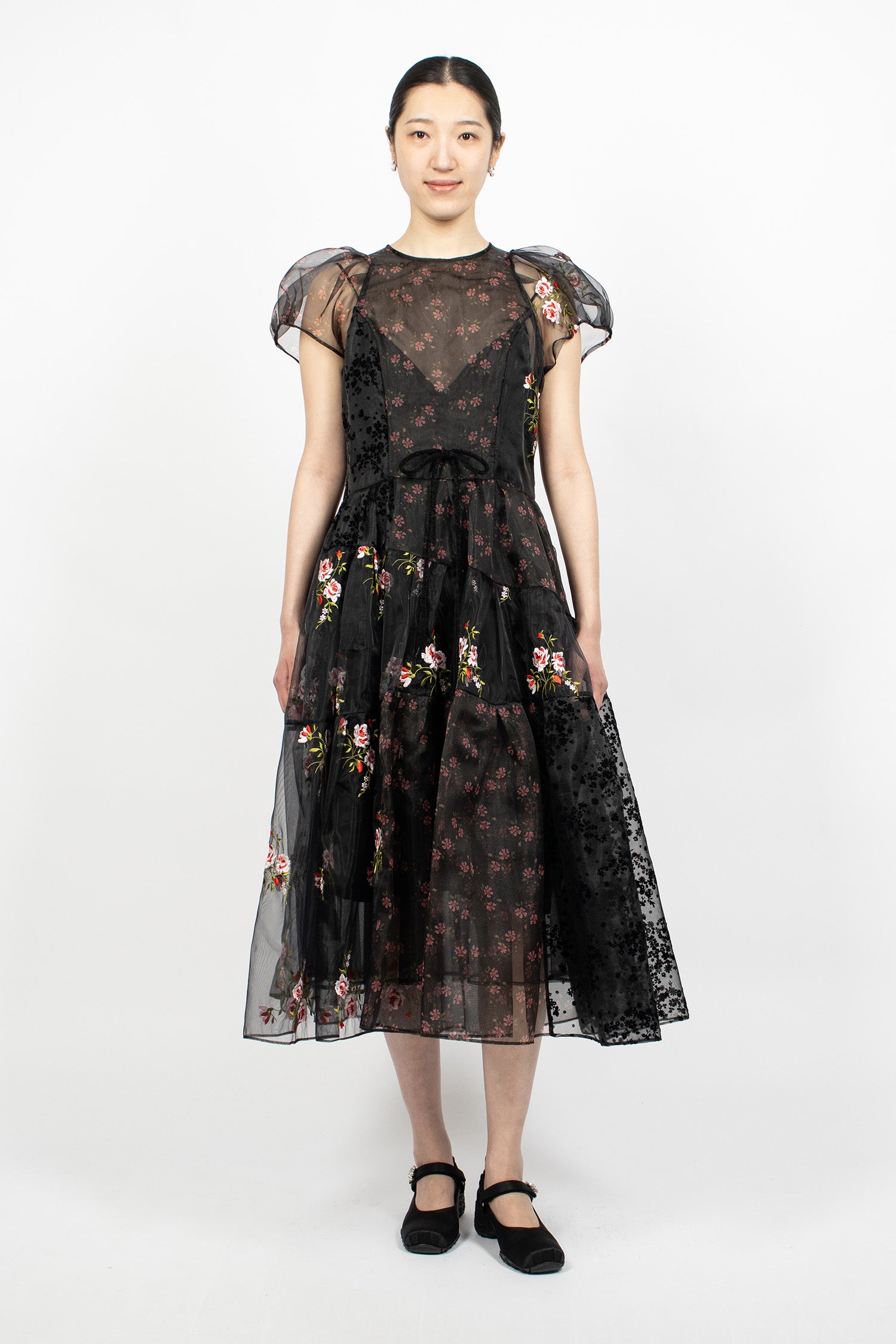Sheer Puff Sleeve Patchwork Flounce Dress Black Patchwork/Black