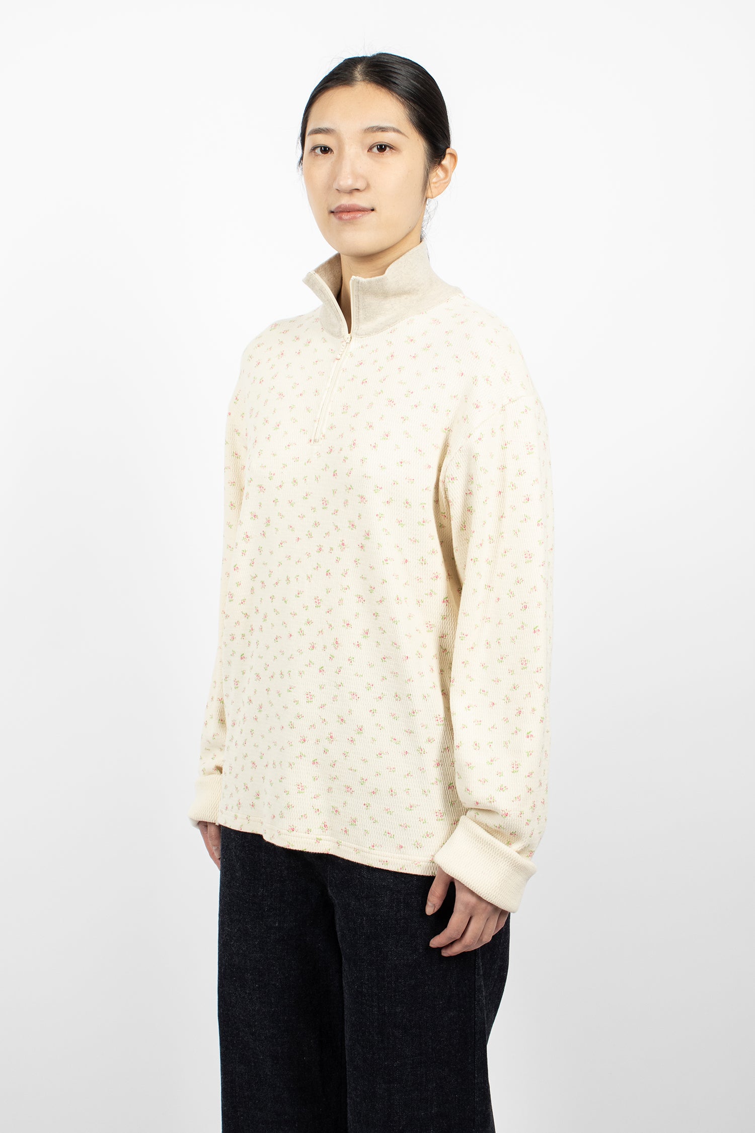 Waffle Callico Print Half Zip Jumper Pink