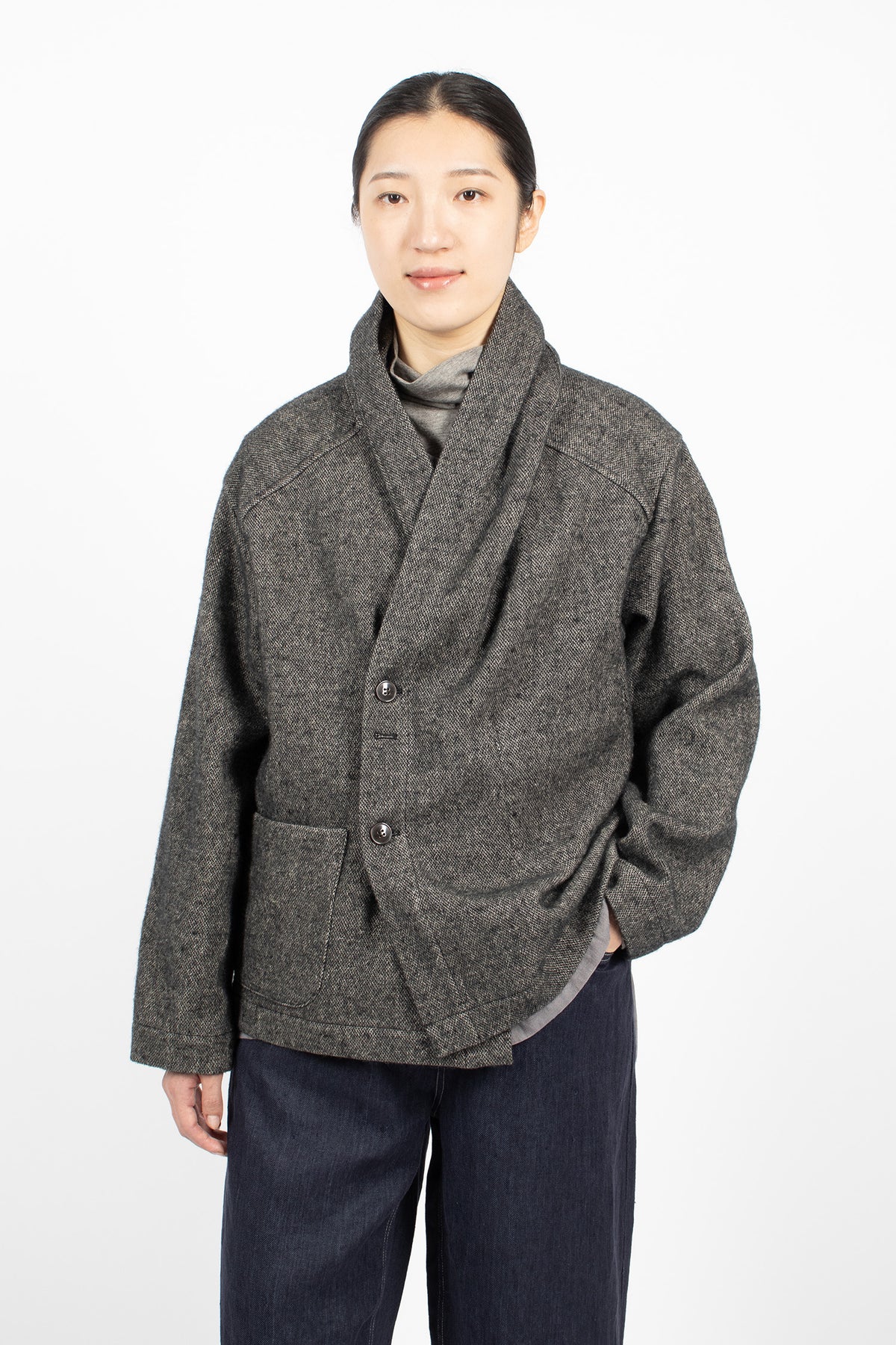 Shawl Collar Wool Linen Asymmetric Jacket Charcoal