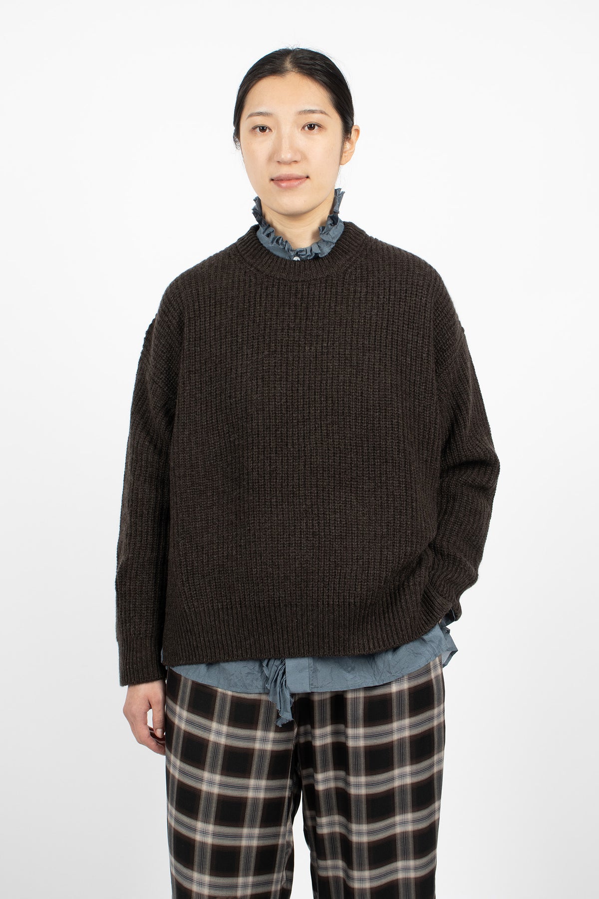 Rib Stitch Neck Big Pullover Heather Brown